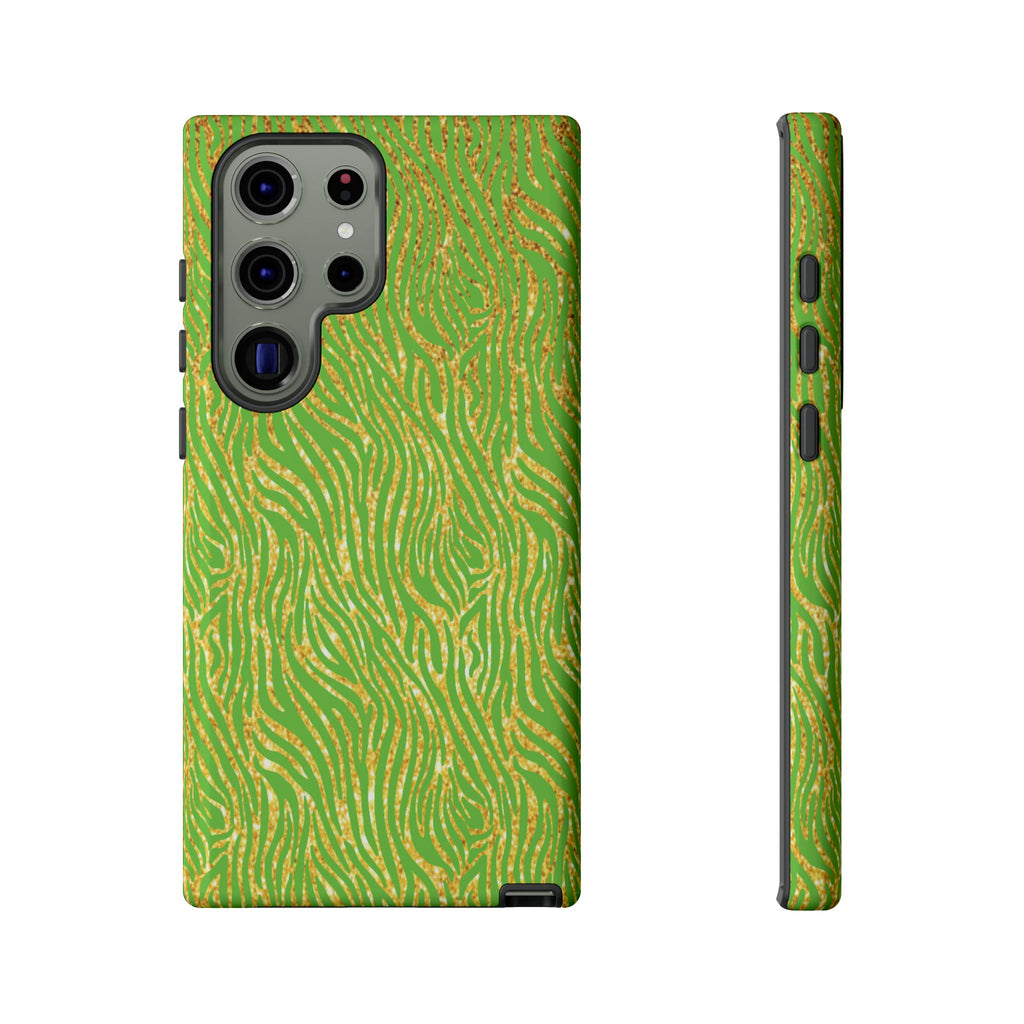 Neon Green Gold Zebra Tough Phone Case for iPhone, Galaxy, or Google Pixel