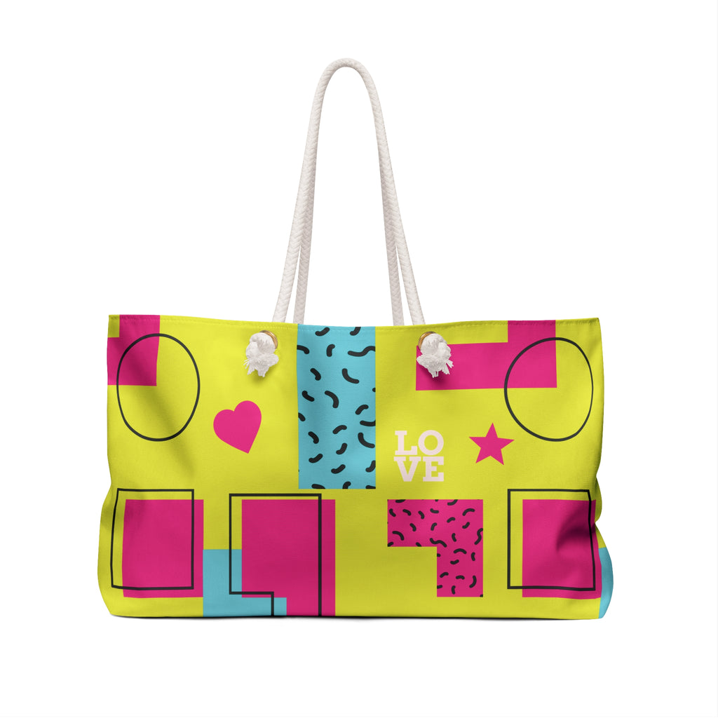 LOVE Retro Blocks Neon Y Eco-Friendly Weekender Bag, Travel Tote, Beach Bag