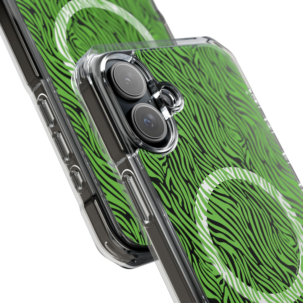 Neon Green Zebra Magnetic iPhone 14, 15, 16 Series Clear Impact Cases