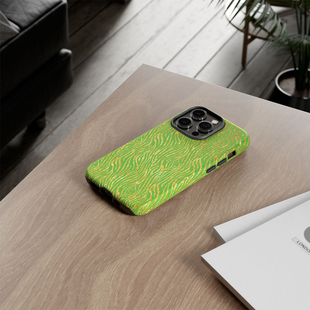 Neon Green Gold Zebra Tough Phone Case for iPhone, Galaxy, or Google Pixel