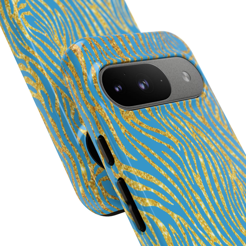 Blue Gold Zebra Tough Case for iPhone, Galaxy, or Google Pixel