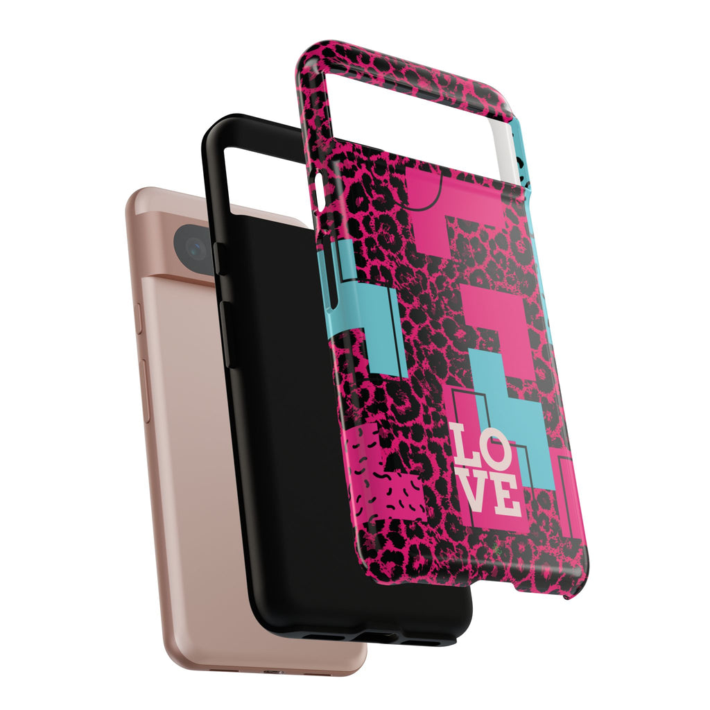 Pink Love Retro Blocks Leopard RG Tough Phone Case for iPhone, Galaxy, or Google Pixel
