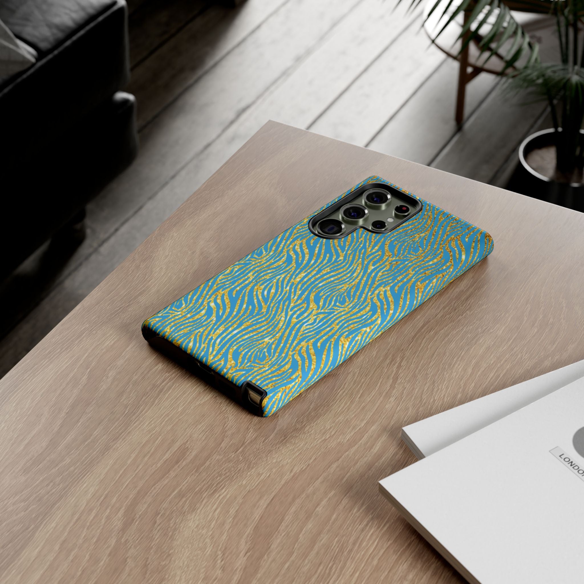 Blue Gold Zebra Tough Case for iPhone, Galaxy, or Google Pixel