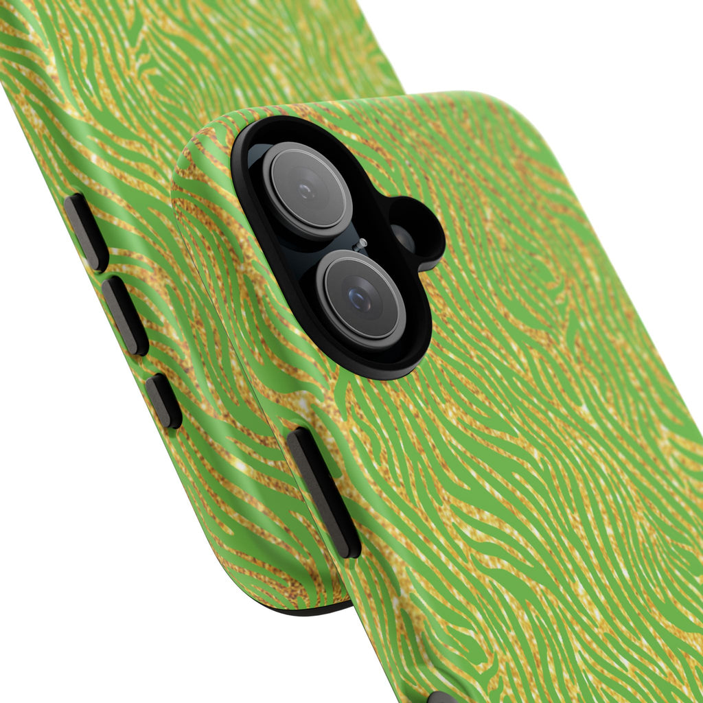 Neon Green Gold Zebra Tough Phone Case for iPhone, Galaxy, or Google Pixel