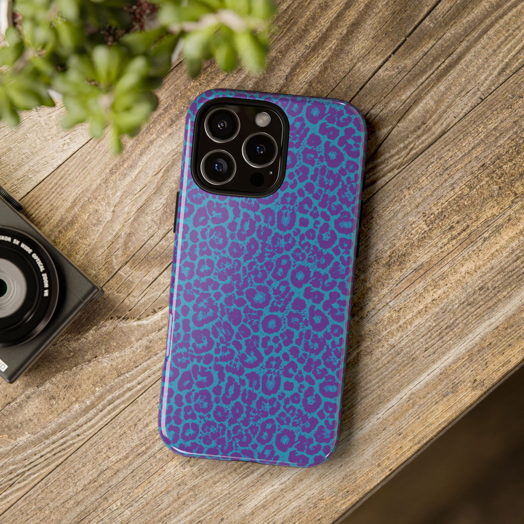 Leopard Printed Purple Blue Tough Phone Case for iPhone, Galaxy, or Google Pixel