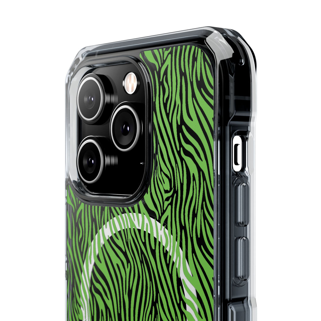 Neon Green Zebra Magnetic iPhone 14, 15, 16 Series Clear Impact Cases