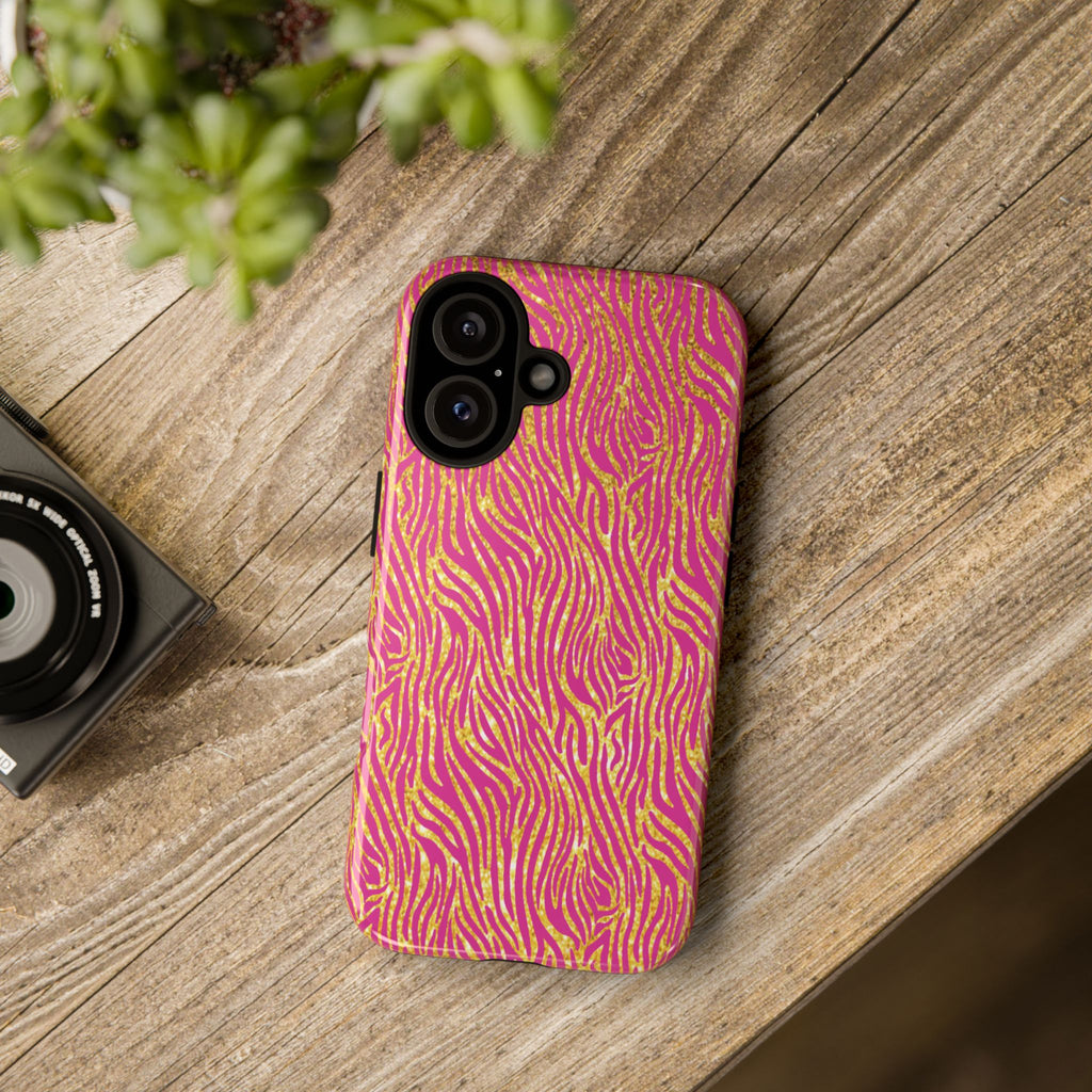 Pink Gold Zebra Print Tough Case for iPhone, Galaxy, or Google Pixel