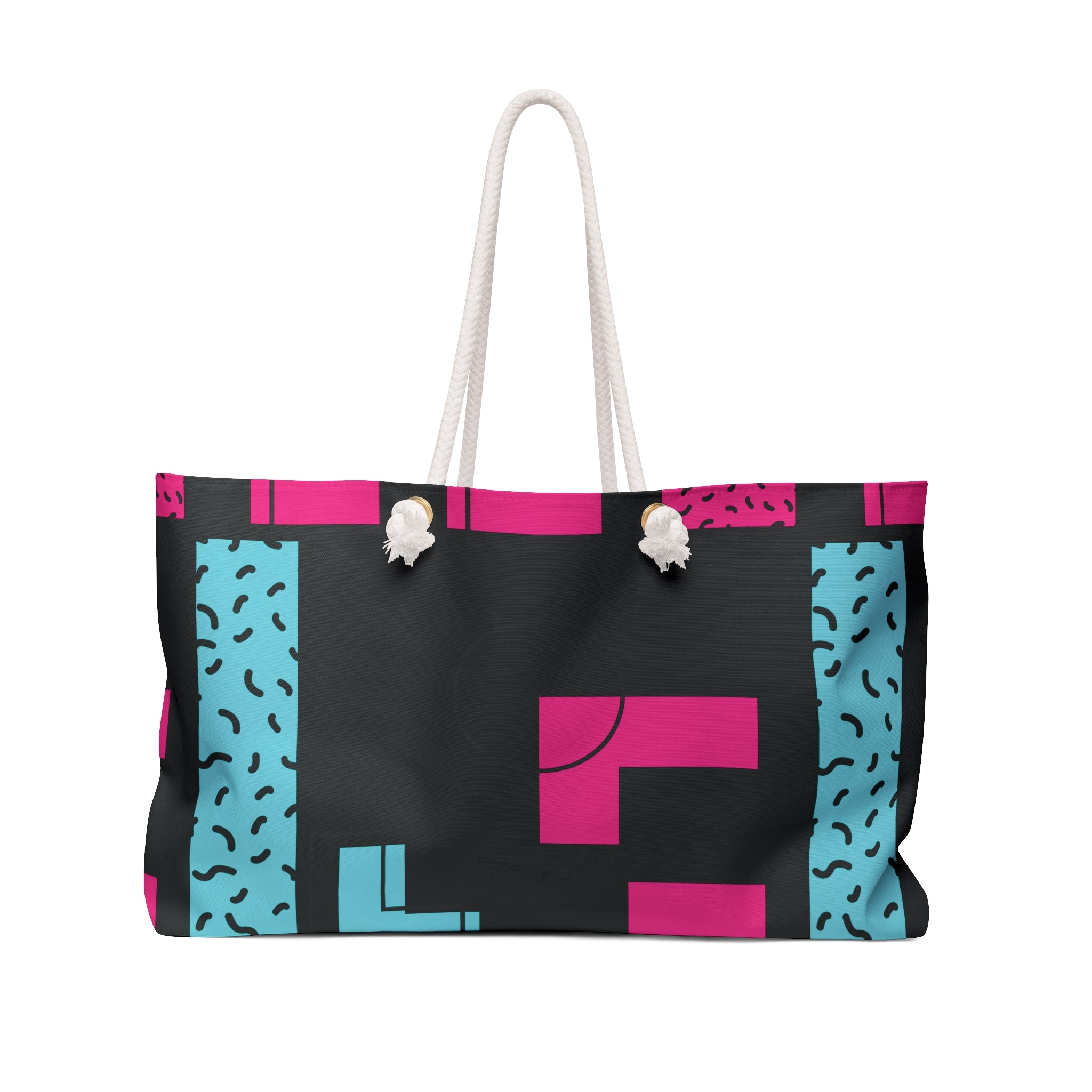 Retro Blocks Black Eco-Friendly Weekender Bag, Travel Tote, Beach Bag