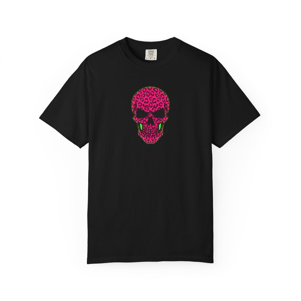 Neon Pink and Green Leopard Print Skull Unisex Garment-Dyed T-shirt