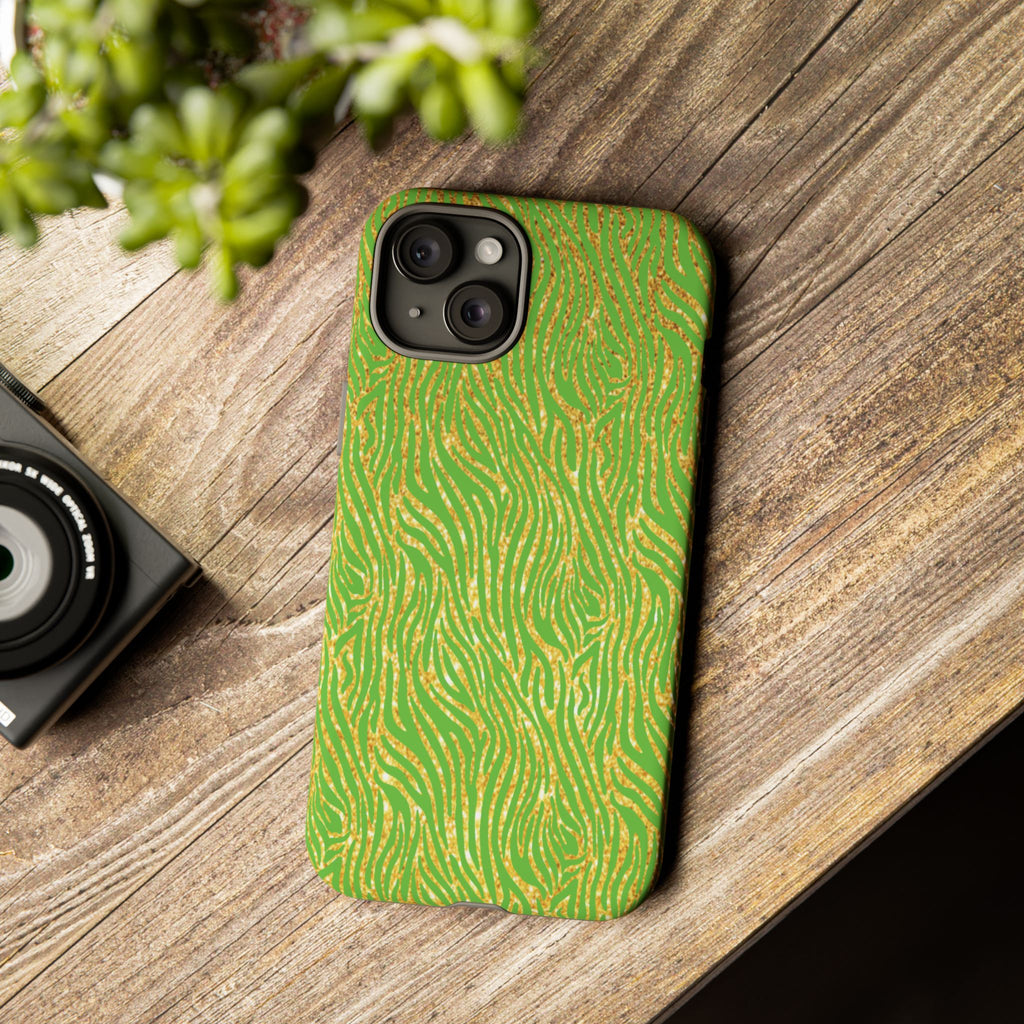 Neon Green Gold Zebra Tough Phone Case for iPhone, Galaxy, or Google Pixel