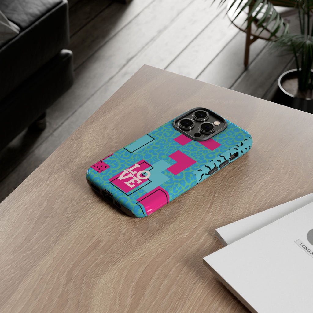 LOVE Aqua Blue Leopard RG Tough Phone Case iPhone, Galaxy, or Google Pixel