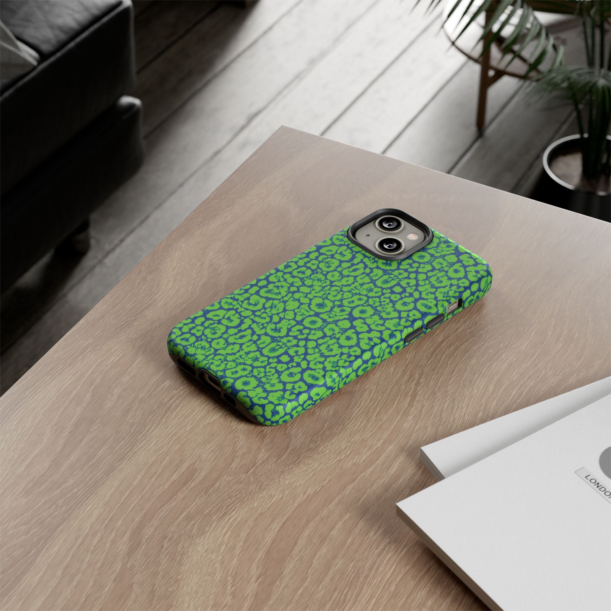 Blue Neon Green  Leopard Tough Phone Case for iPhone, Galaxy, or Google Pixel