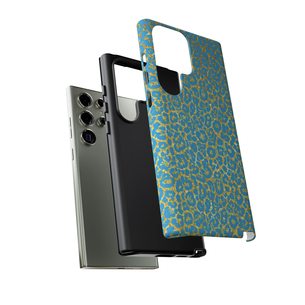 Blue Gold Leopard Tough Phone Case for iPhone, Galaxy, or Google Pixel
