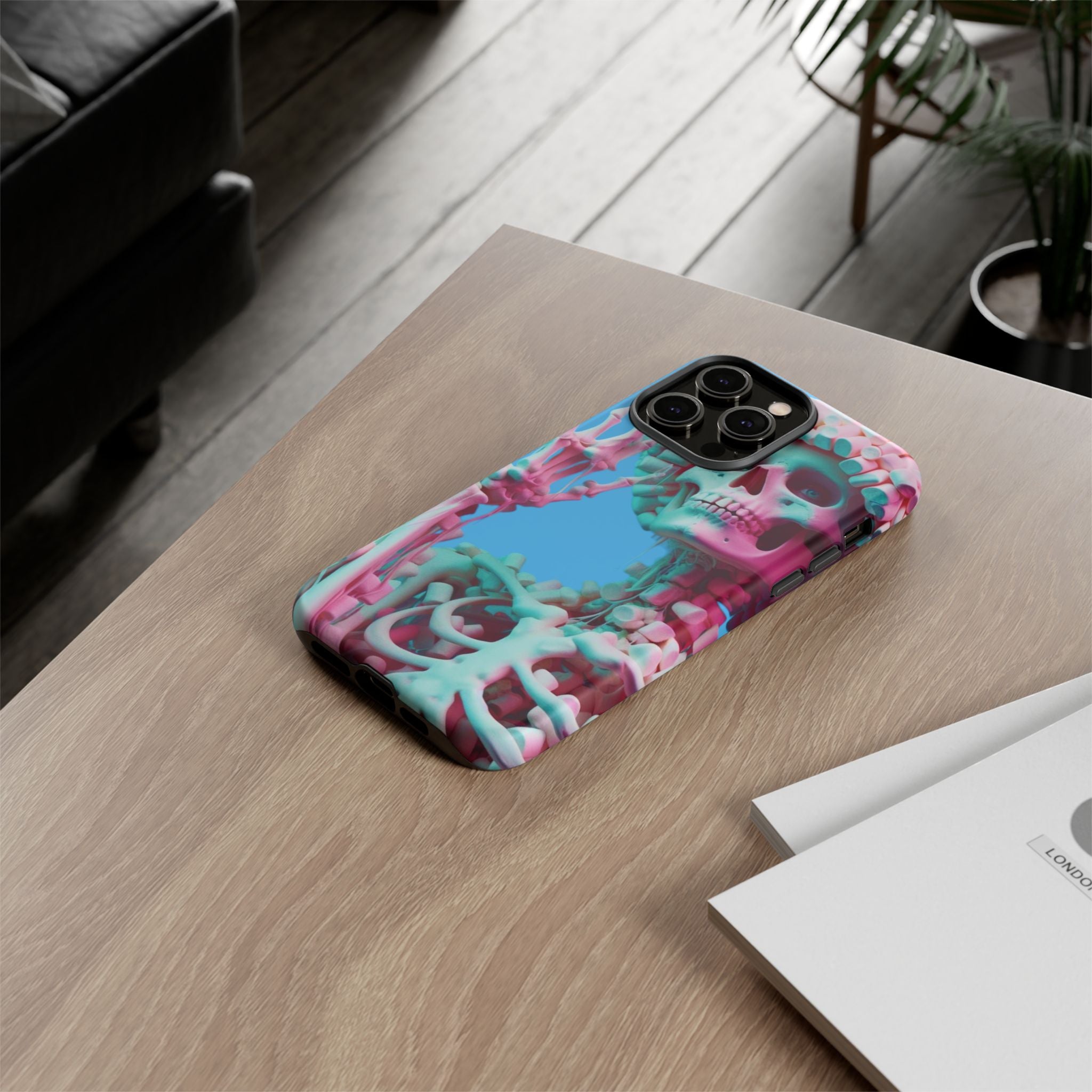 Neon Pink Skeleton Blue Tough Phone Case for iPhone, Galaxy or Google Pixel