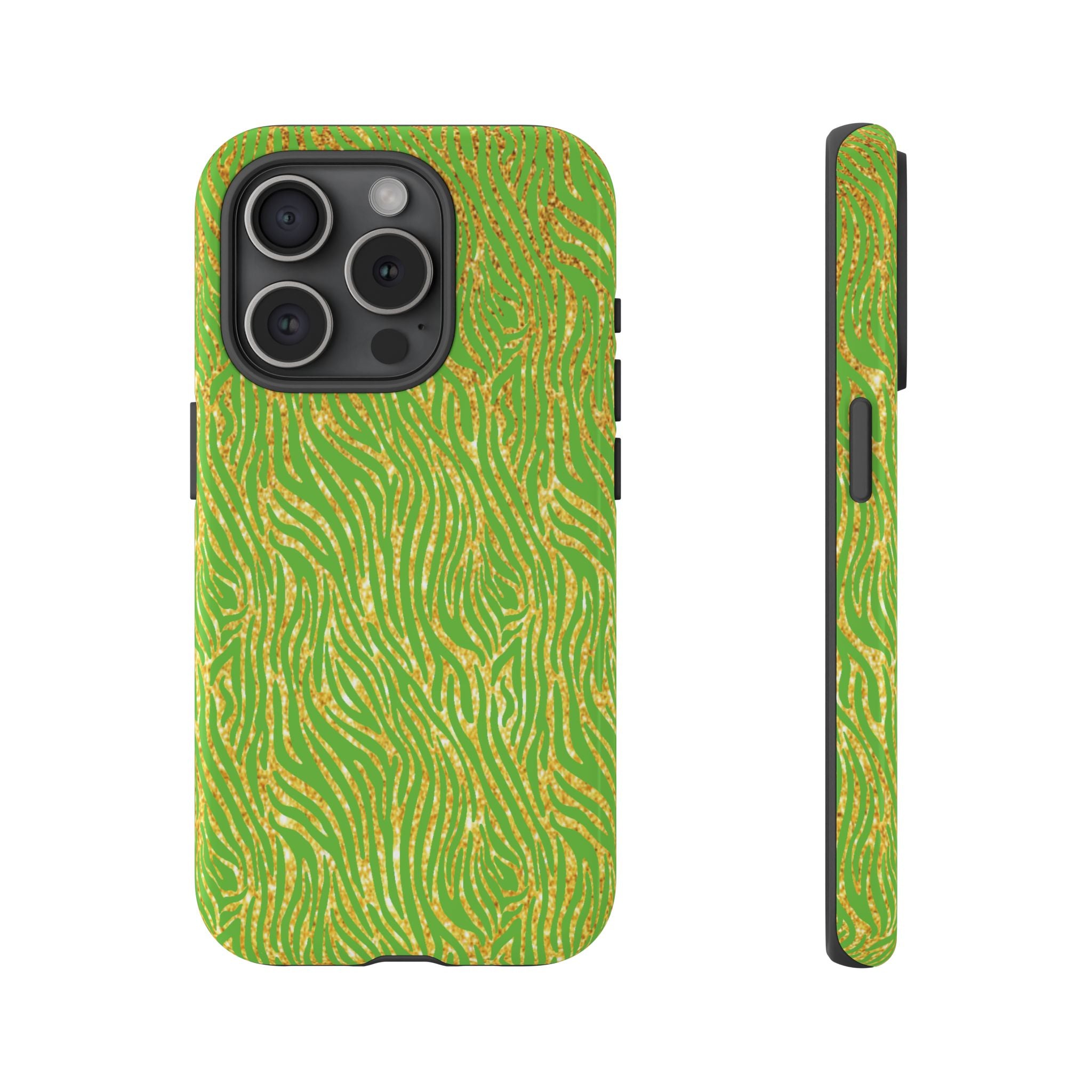 Neon Green Gold Zebra Tough Phone Case for iPhone, Galaxy, or Google Pixel