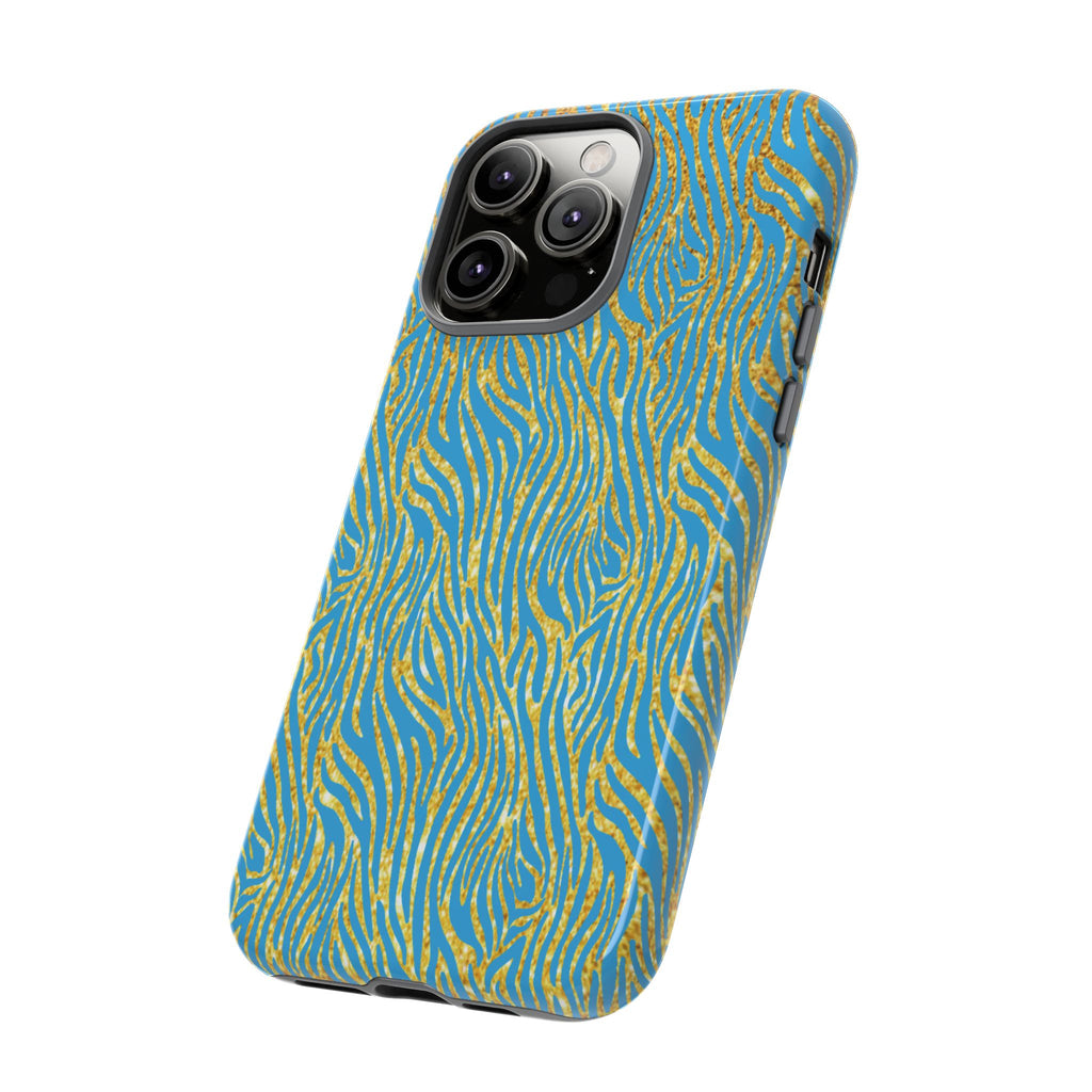 Blue Gold Zebra Tough Case for iPhone, Galaxy, or Google Pixel