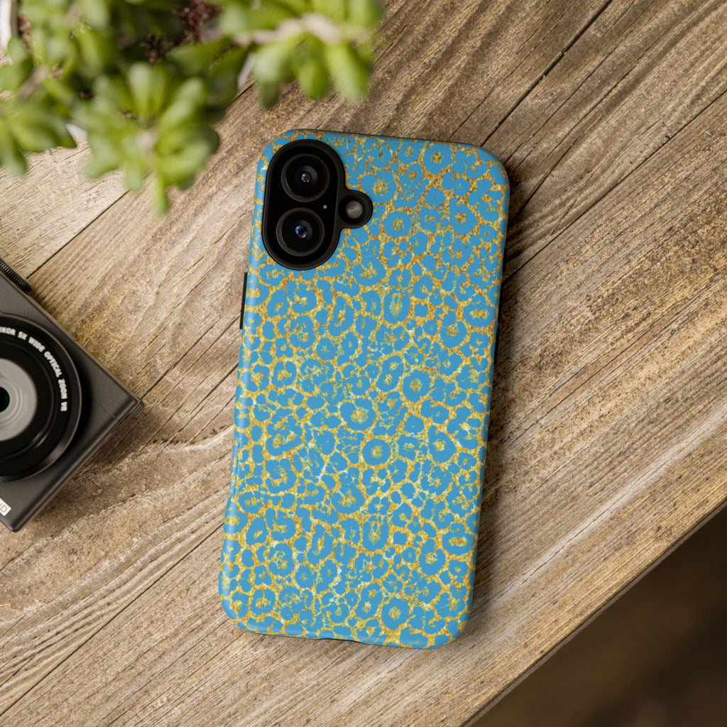 Blue Gold Leopard Tough Phone Case for iPhone, Galaxy, or Google Pixel
