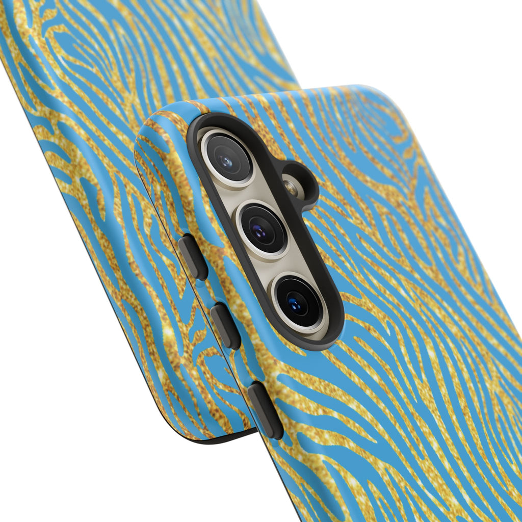 Blue Gold Zebra Tough Case for iPhone, Galaxy, or Google Pixel