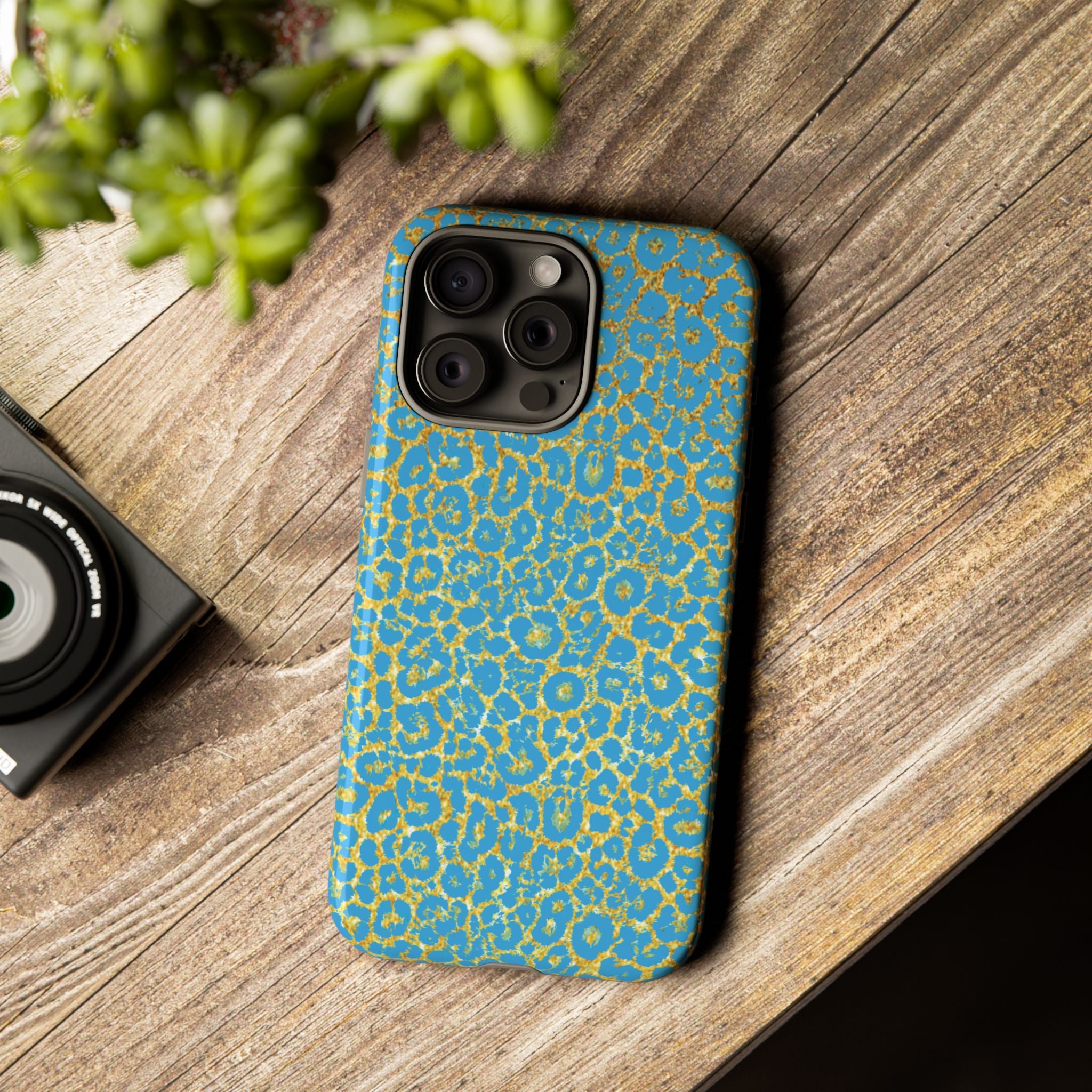 Blue Gold Leopard Tough Phone Case for iPhone, Galaxy, or Google Pixel