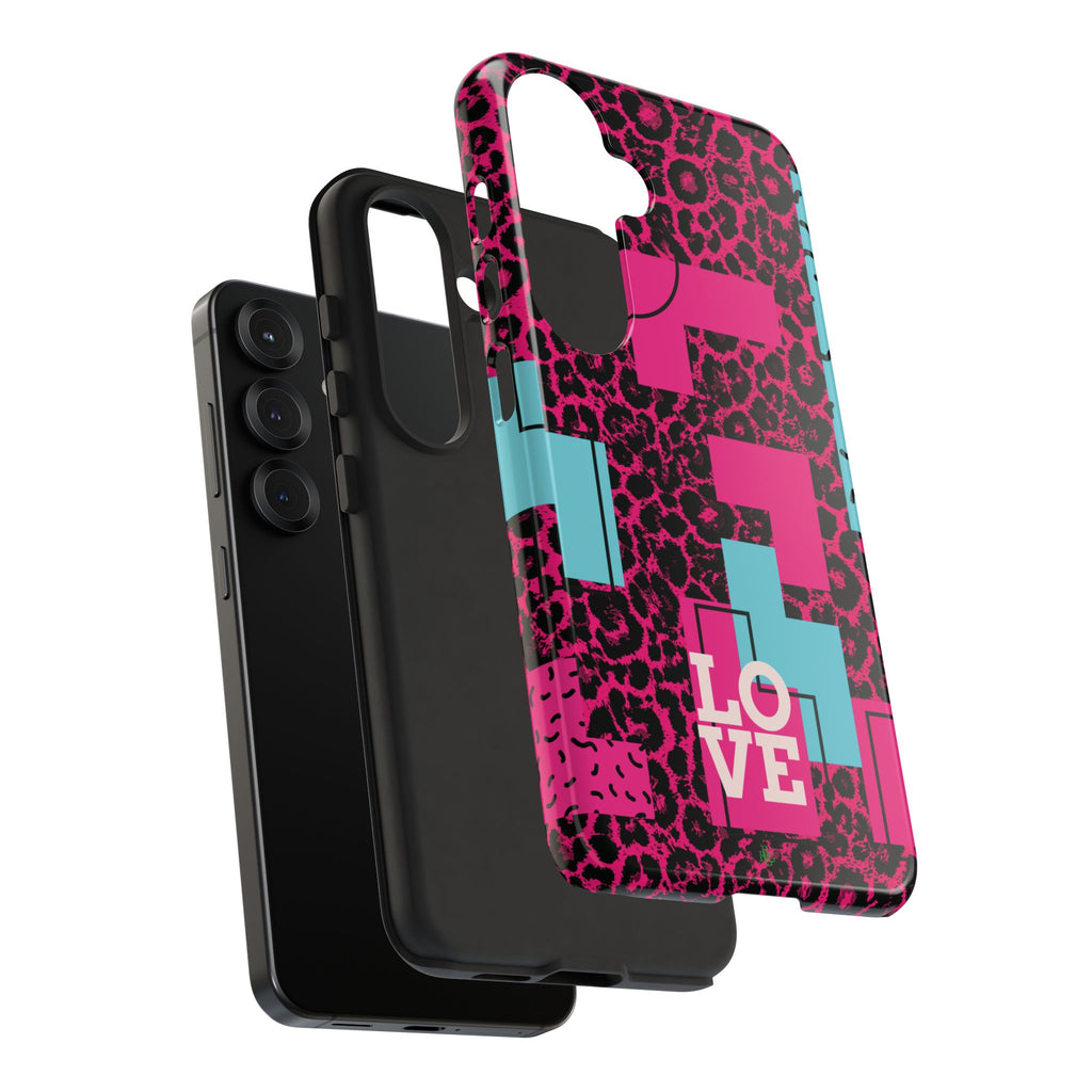 Pink Love Retro Blocks Leopard RG Tough Phone Case for iPhone, Galaxy, or Google Pixel