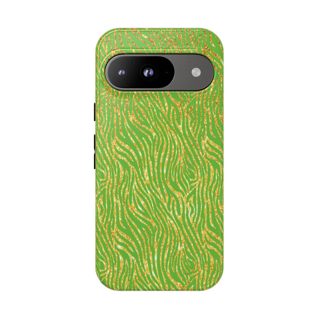 Neon Green Gold Zebra Tough Phone Case for iPhone, Galaxy, or Google Pixel