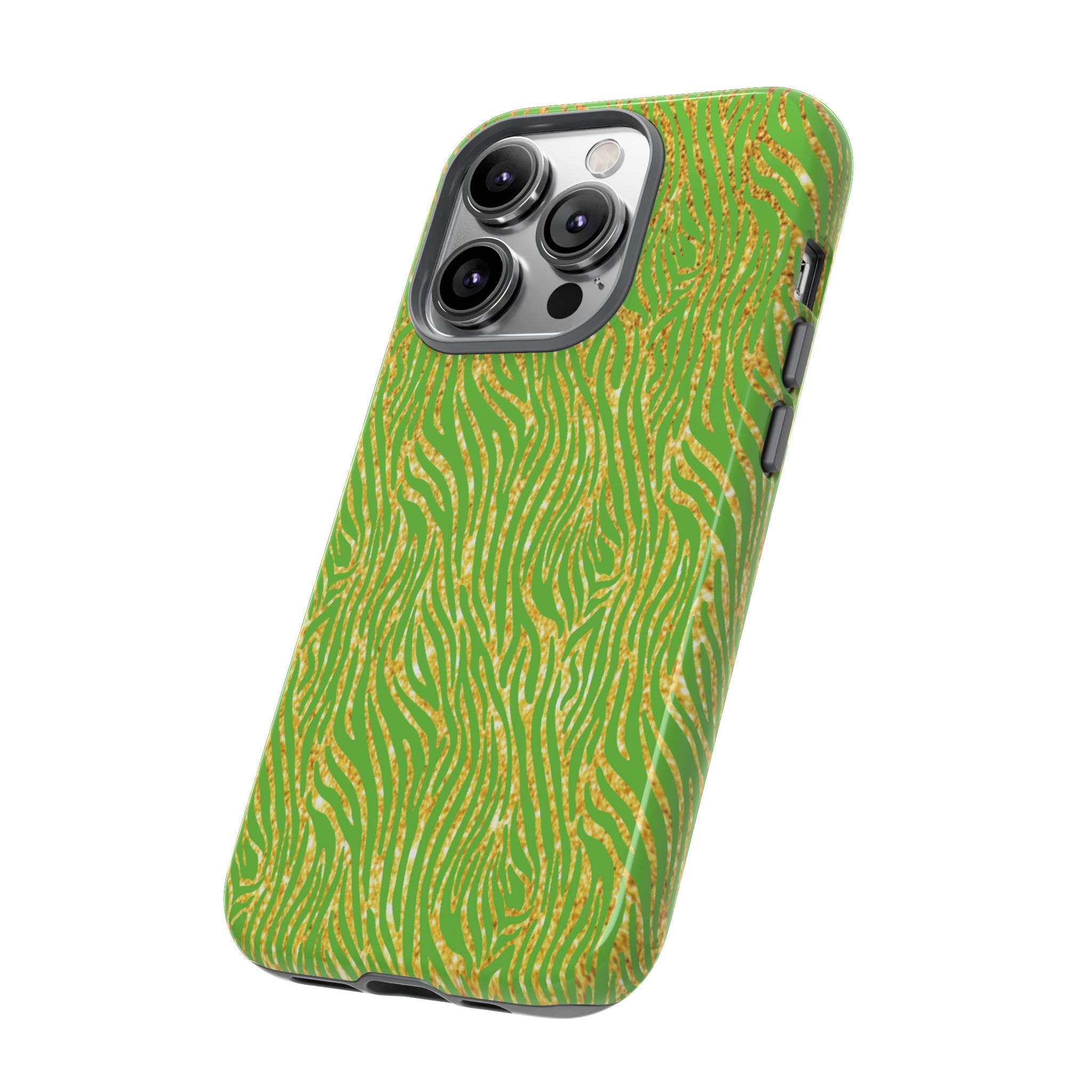 Neon Green Gold Zebra Tough Phone Case for iPhone, Galaxy, or Google Pixel