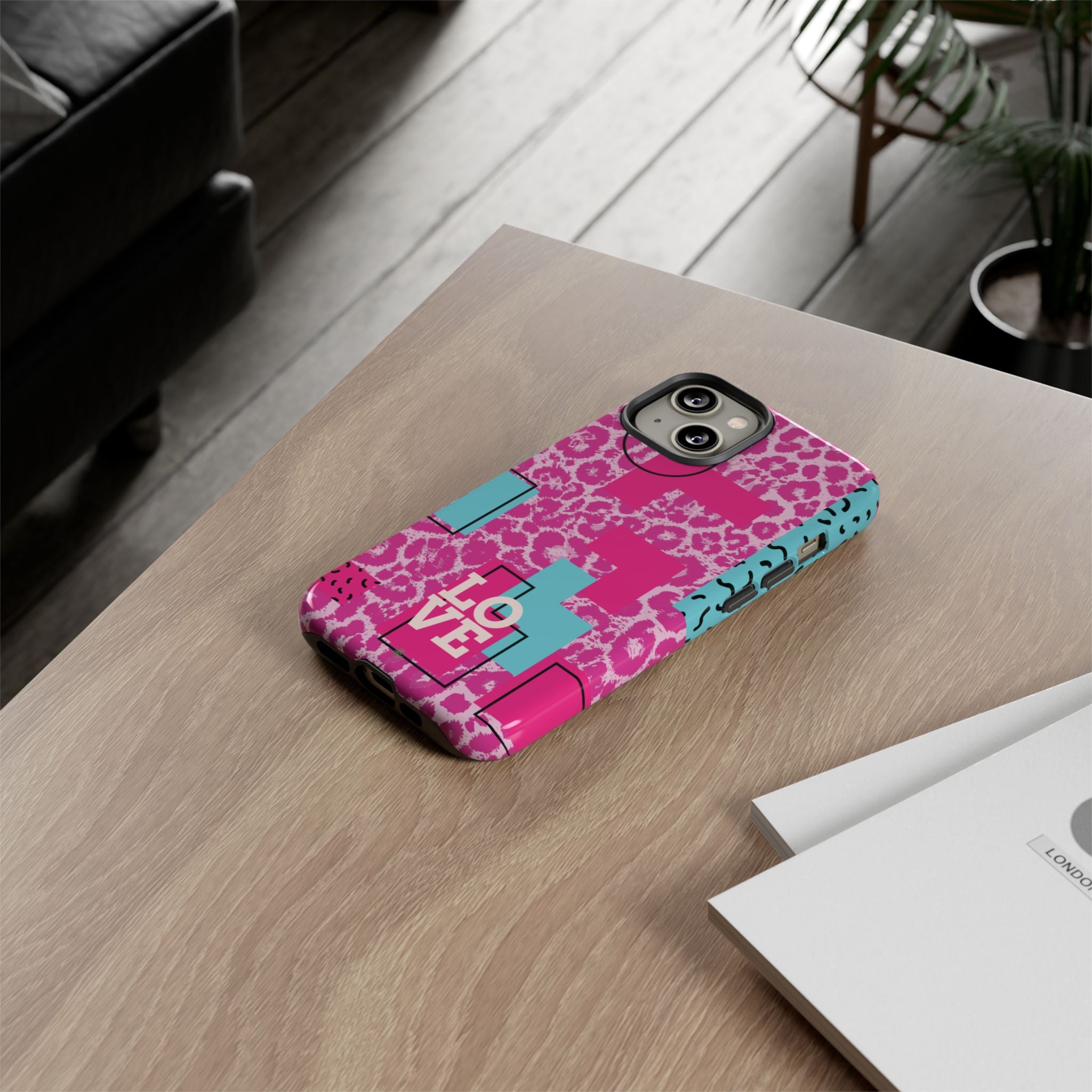 Retro Love Pink Leopard RG Tough Phone Case for iPhone, Galaxy, or Google Pixel