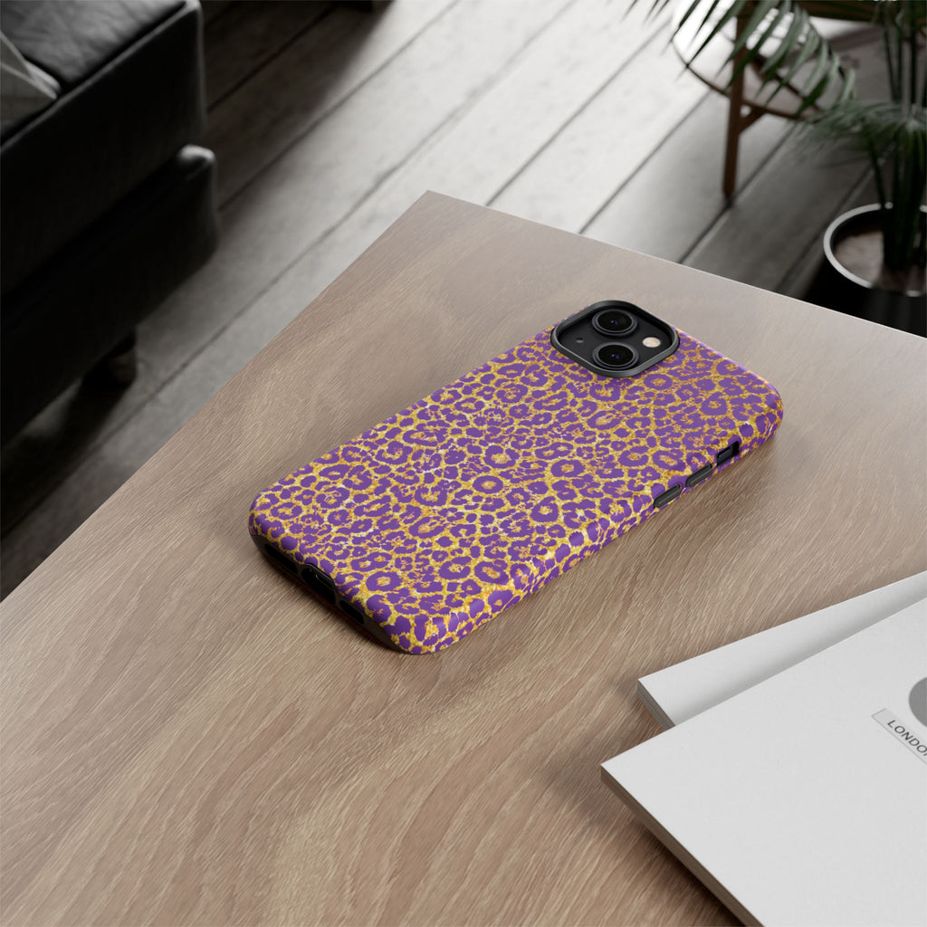 Purple Gold Leopard Tough Phone Case for iPhone, Galaxy, or Google Pixel