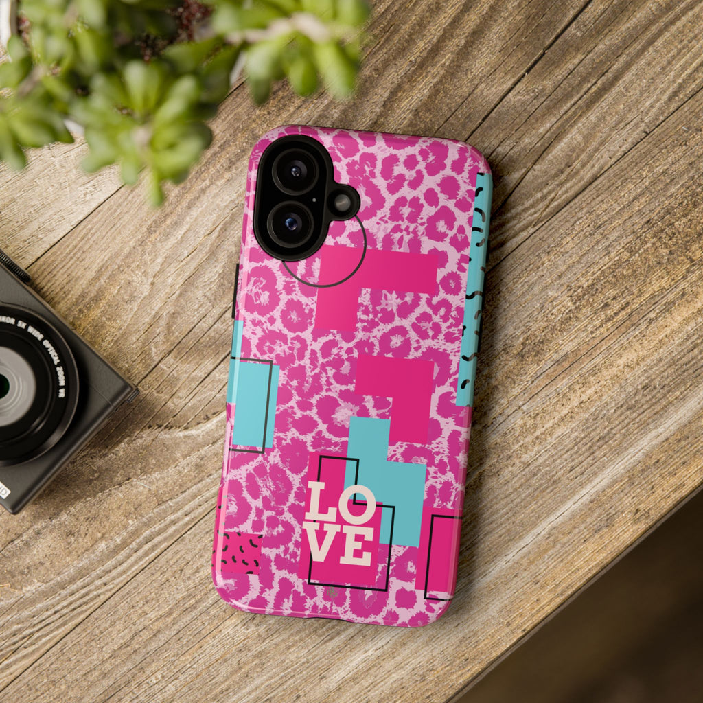 Retro Love Pink Leopard RG Tough Phone Case for iPhone, Galaxy, or Google Pixel