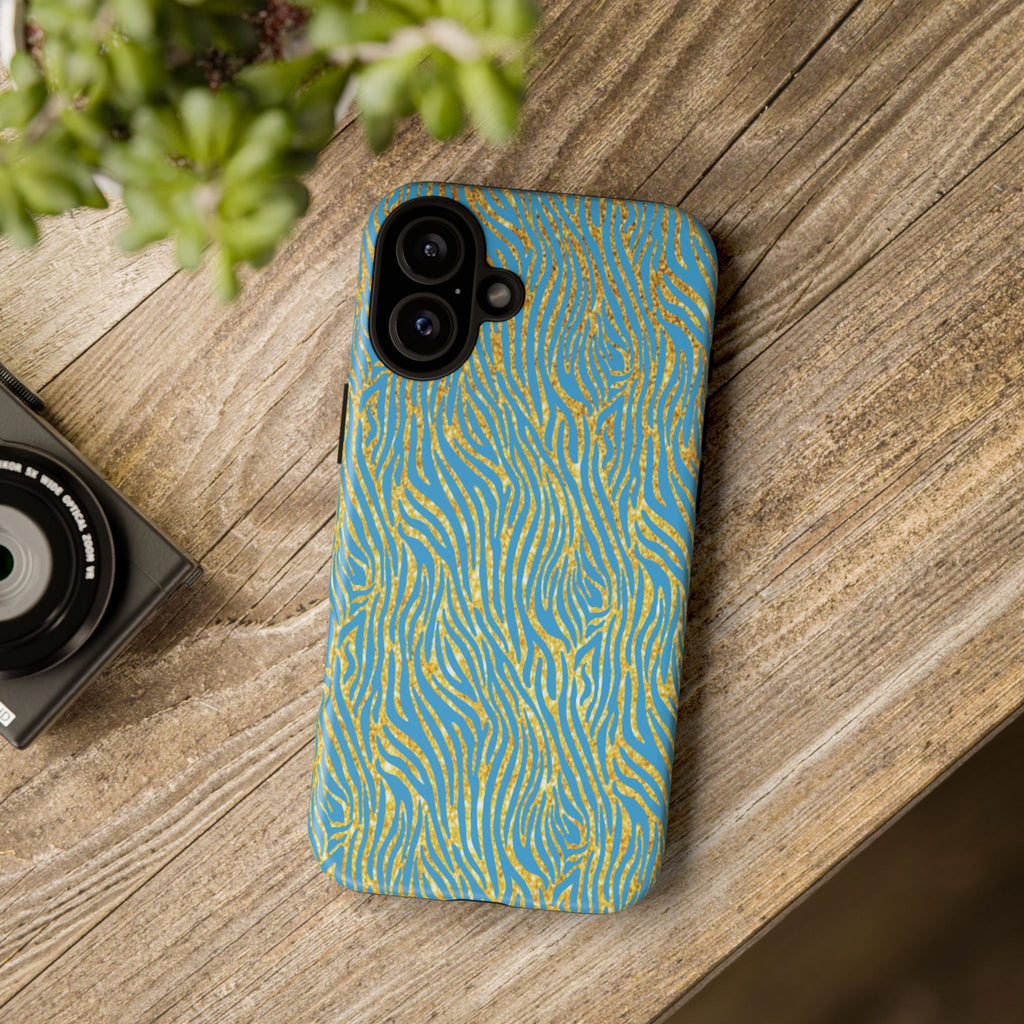 Blue Gold Zebra Tough Case for iPhone, Galaxy, or Google Pixel