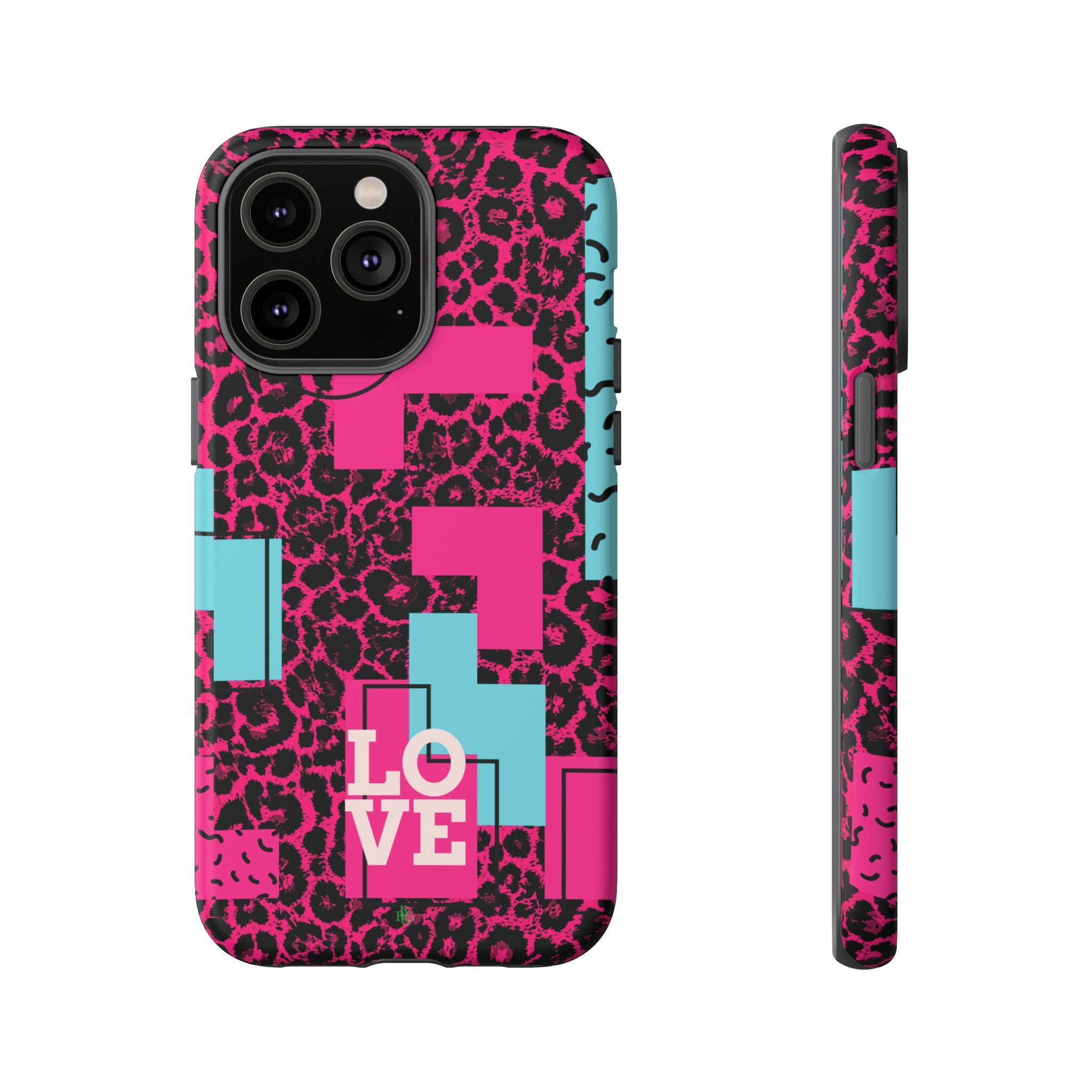 Pink Love Retro Blocks Leopard RG Tough Phone Case for iPhone, Galaxy, or Google Pixel