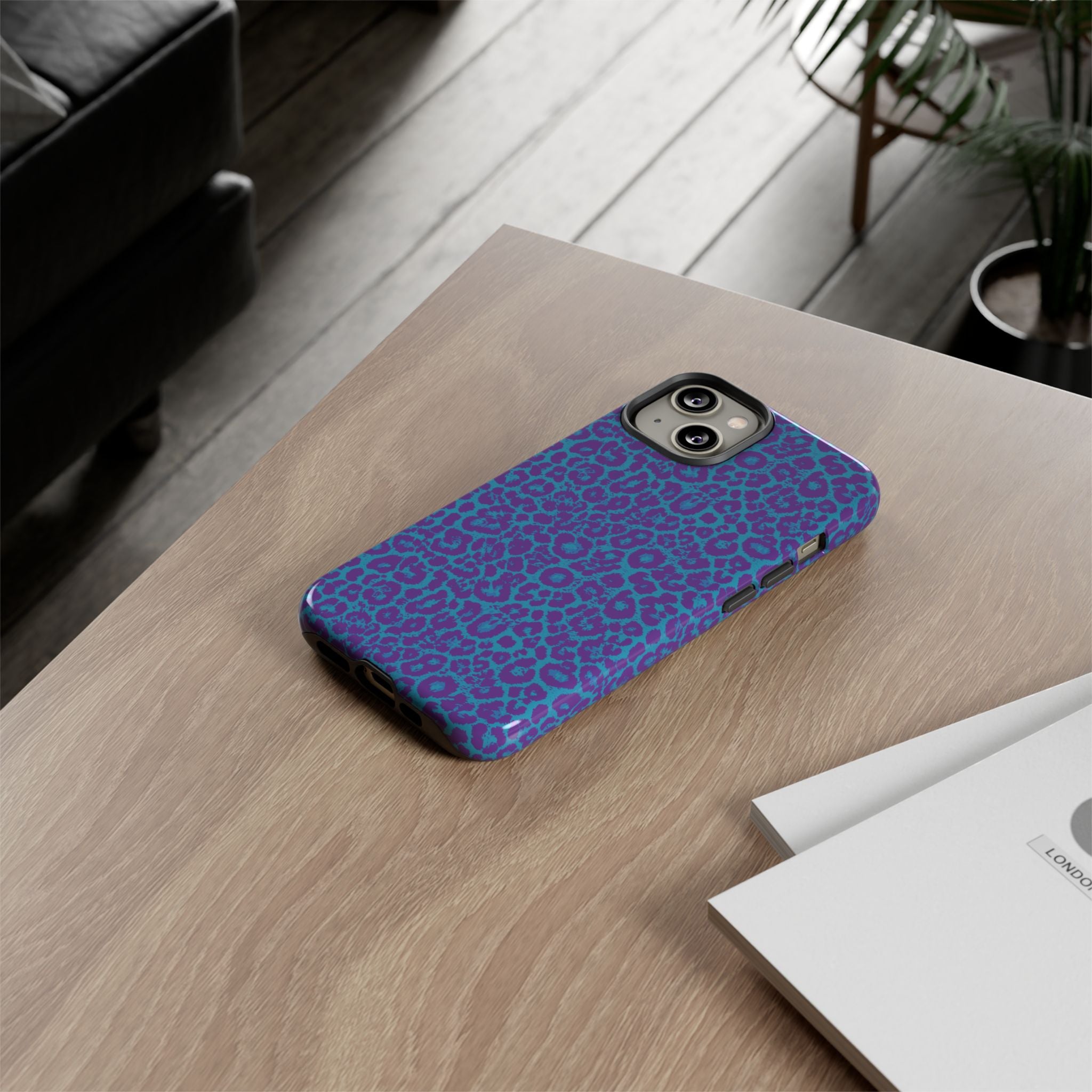 Leopard Printed Purple Blue Tough Phone Case for iPhone, Galaxy, or Google Pixel