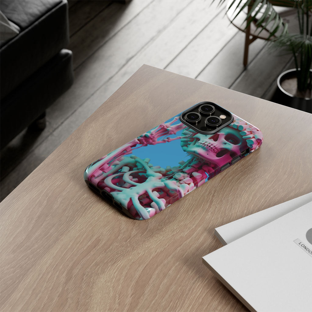 Neon Pink Skeleton Blue Tough Phone Case for iPhone, Galaxy or Google Pixel
