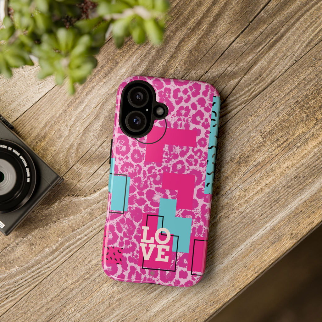 Retro Love Pink Leopard RG Tough Phone Case for iPhone, Galaxy, or Google Pixel