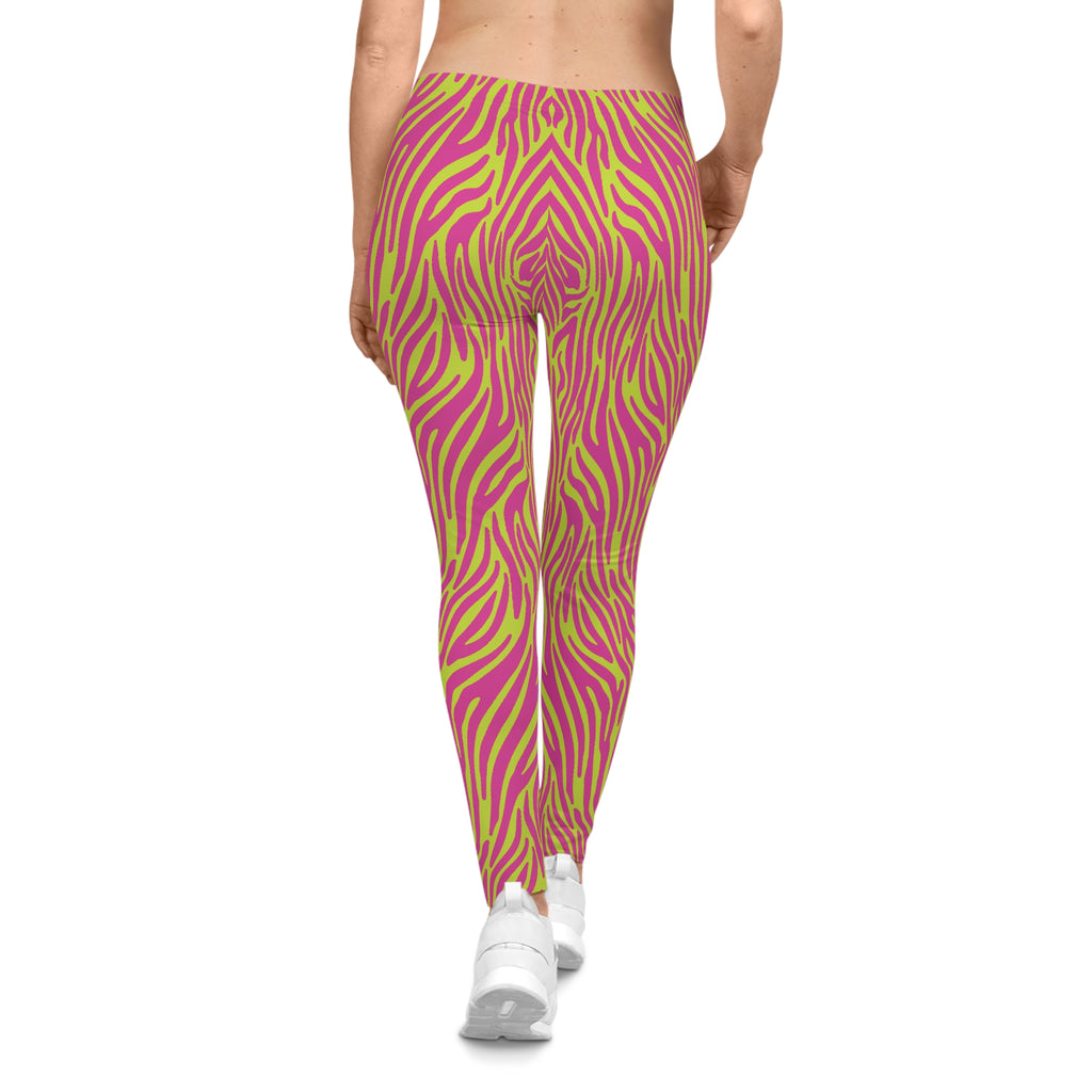 Neon Pink Lime Zebra Print Women's Casual Leggings