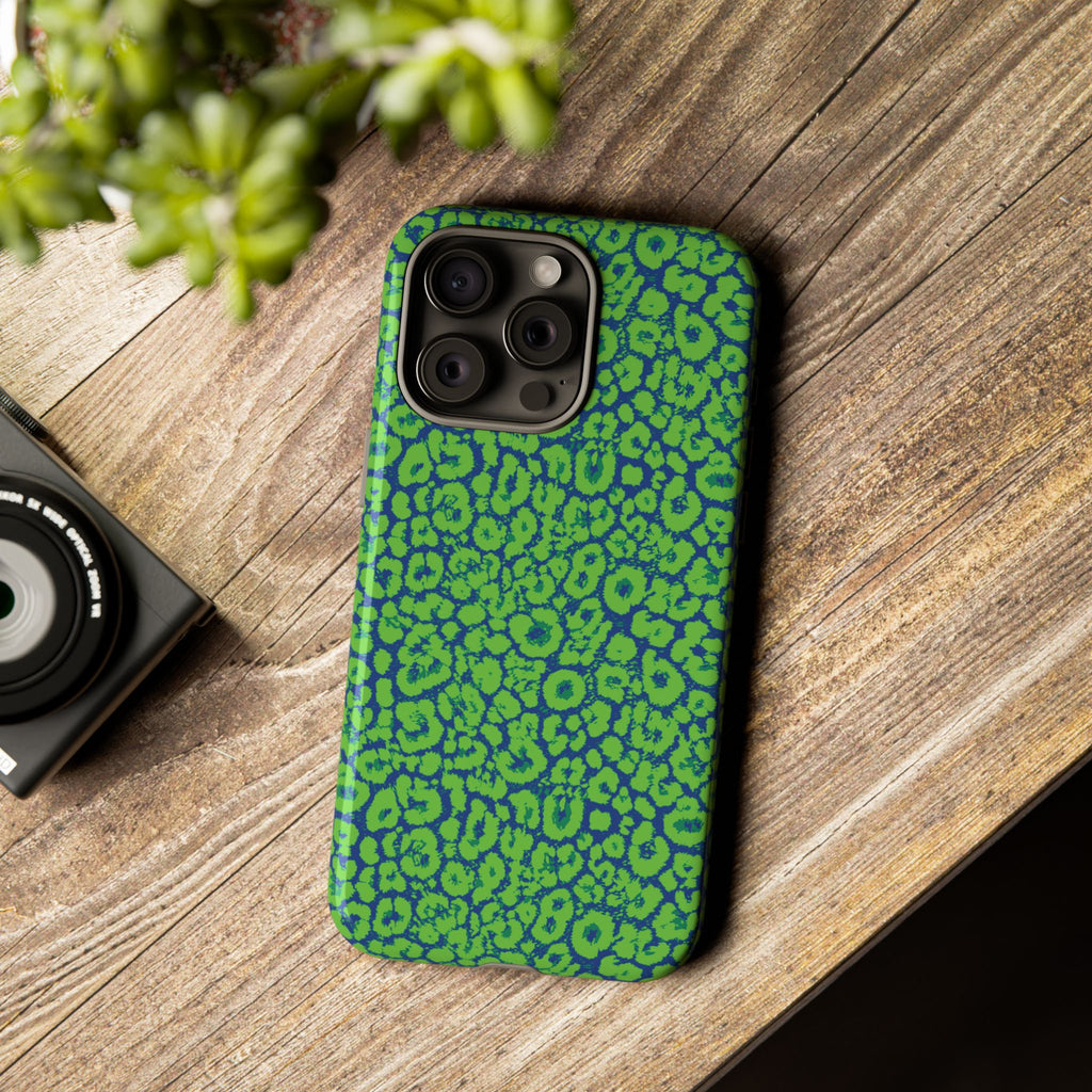 Blue Neon Green  Leopard Tough Phone Case for iPhone, Galaxy, or Google Pixel