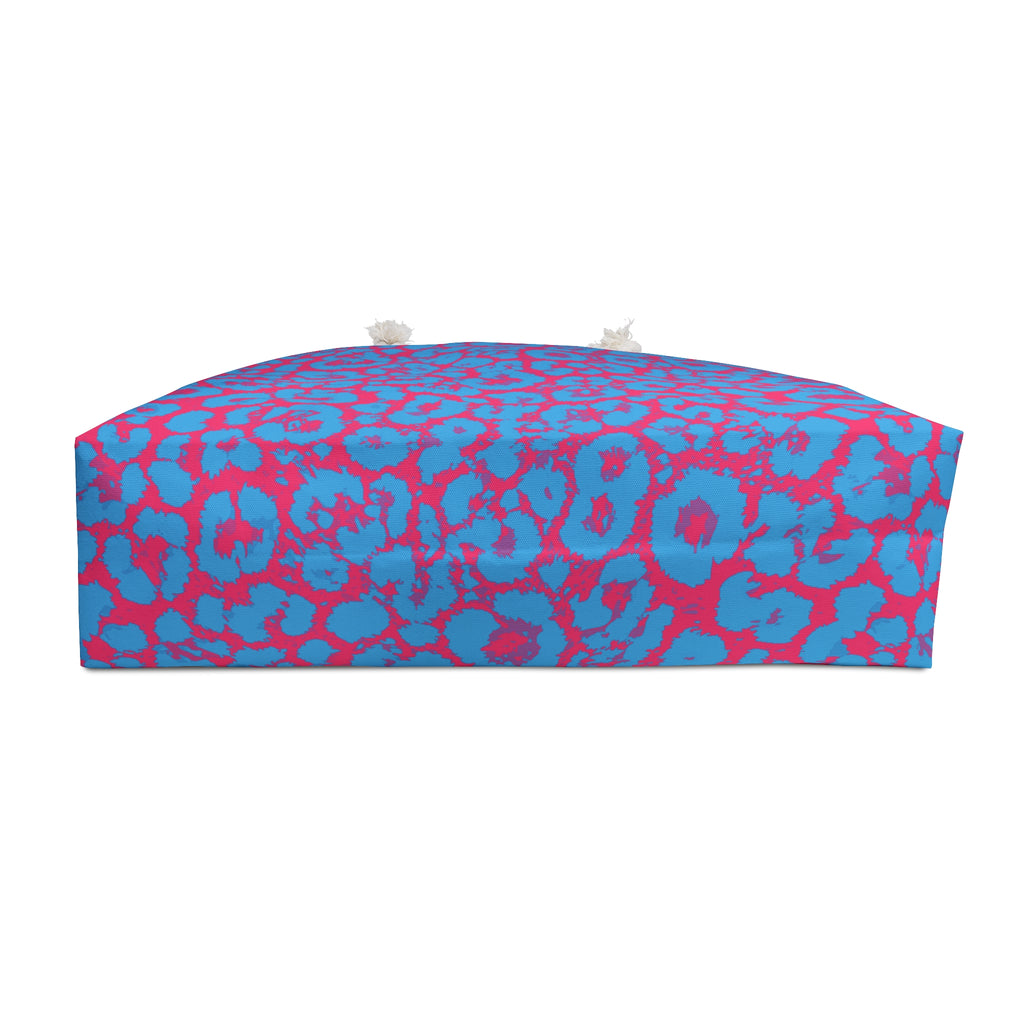 Blue Pink Leopard Eco Friendly Weekender Bag, Travel Tote, Beach Bag