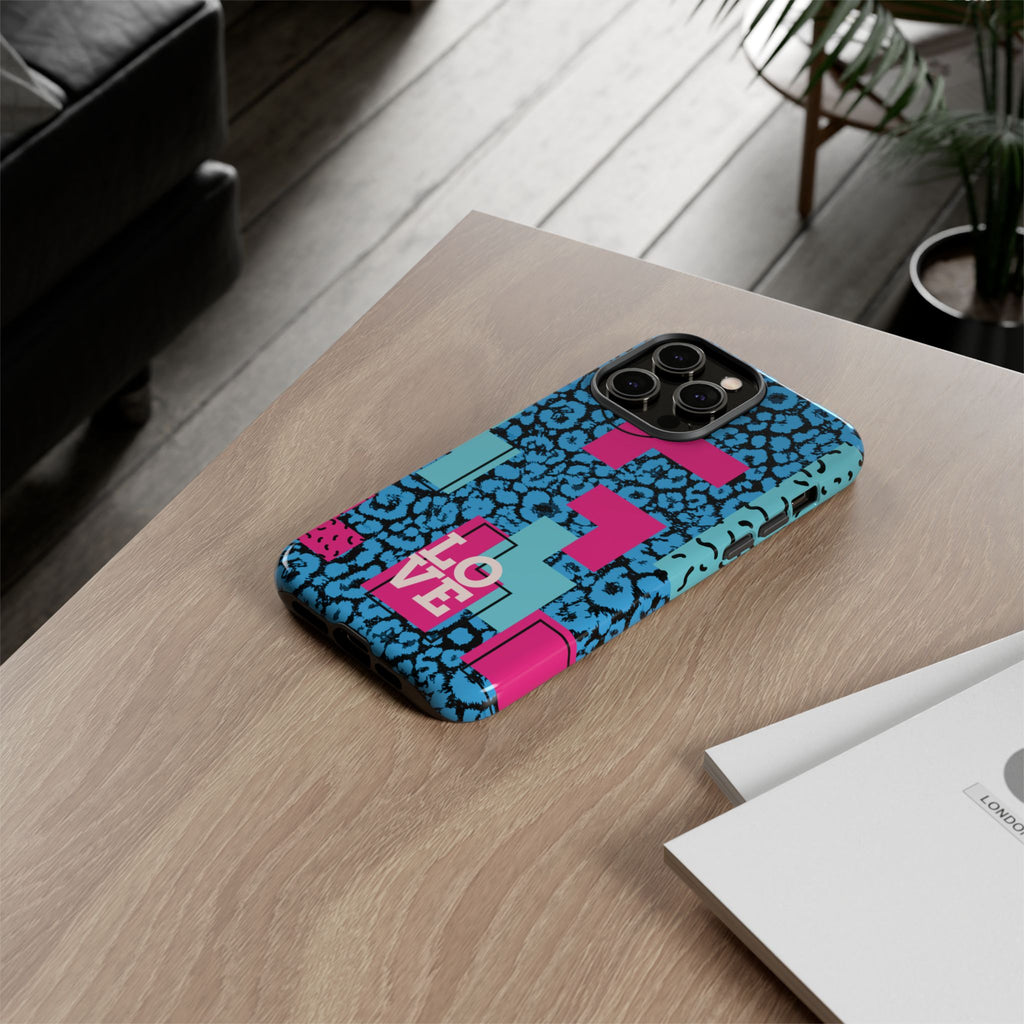 LOVE Blue Leopard 80s Vibe Tough Case for iPhone, Galaxy, or Google Pixel