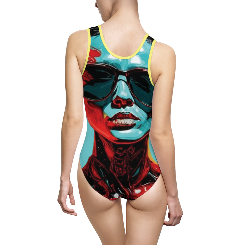 Bold Pop-Art Sunglasses Portrait Swimsuit — Women's One-Piece