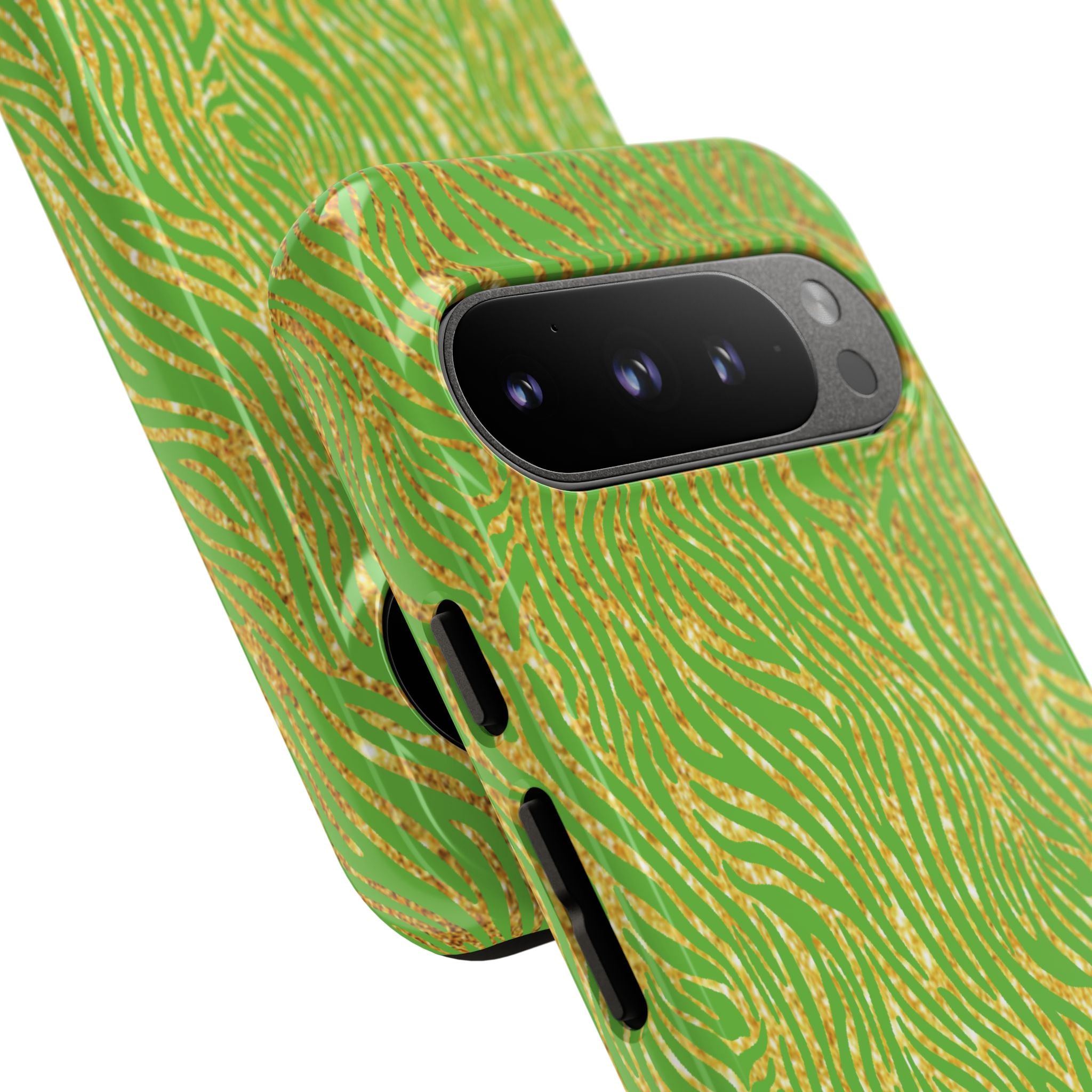 Neon Green Gold Zebra Tough Phone Case for iPhone, Galaxy, or Google Pixel
