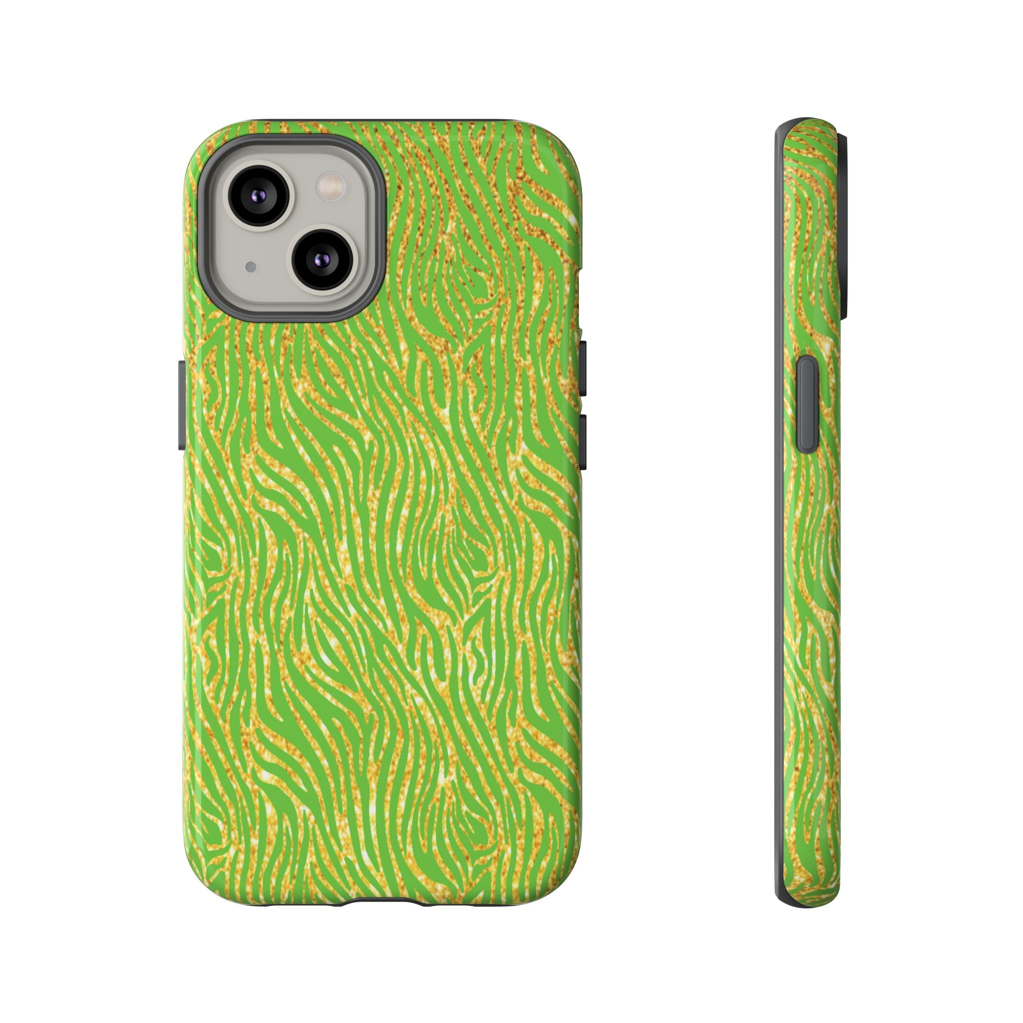 Neon Green Gold Zebra Tough Phone Case for iPhone, Galaxy, or Google Pixel