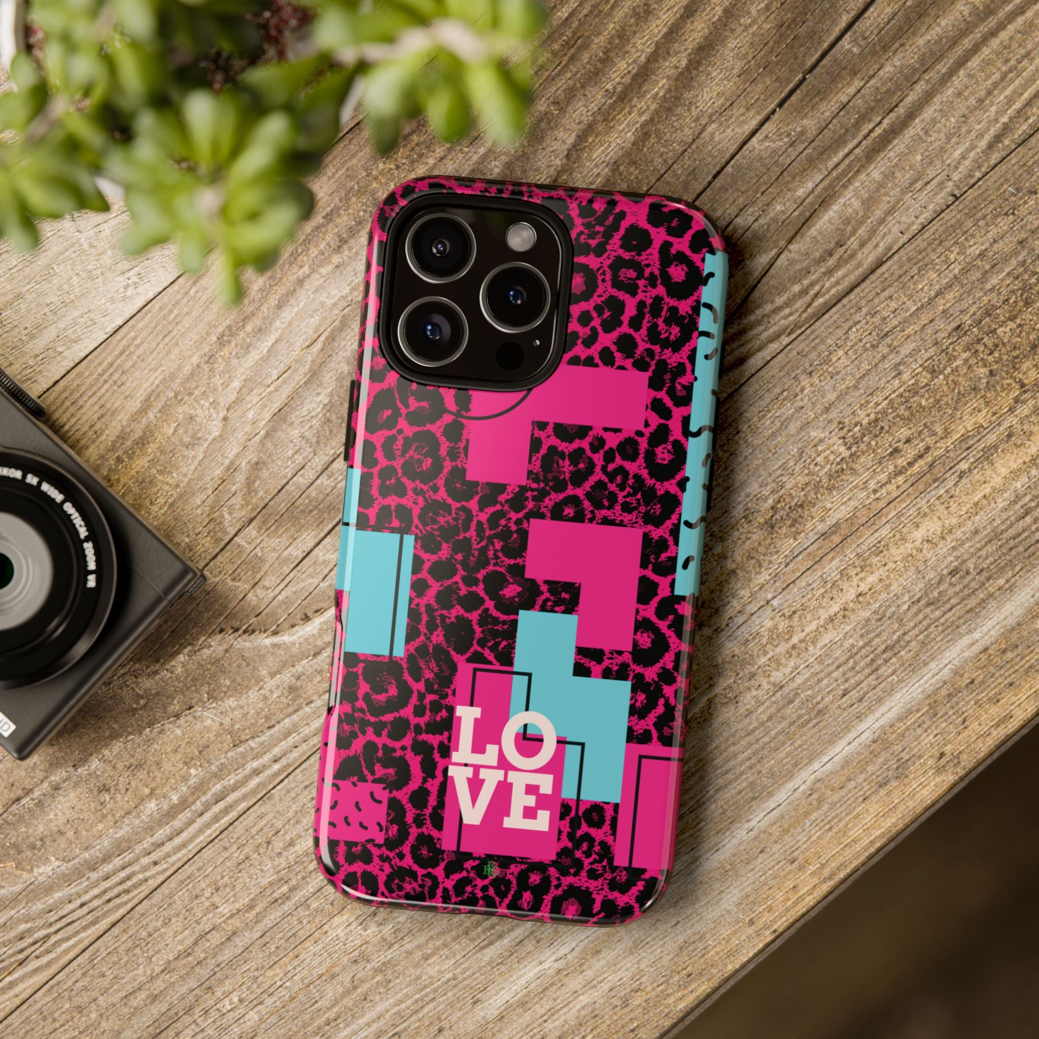 Pink Love Retro Blocks Leopard RG Tough Phone Case for iPhone, Galaxy, or Google Pixel