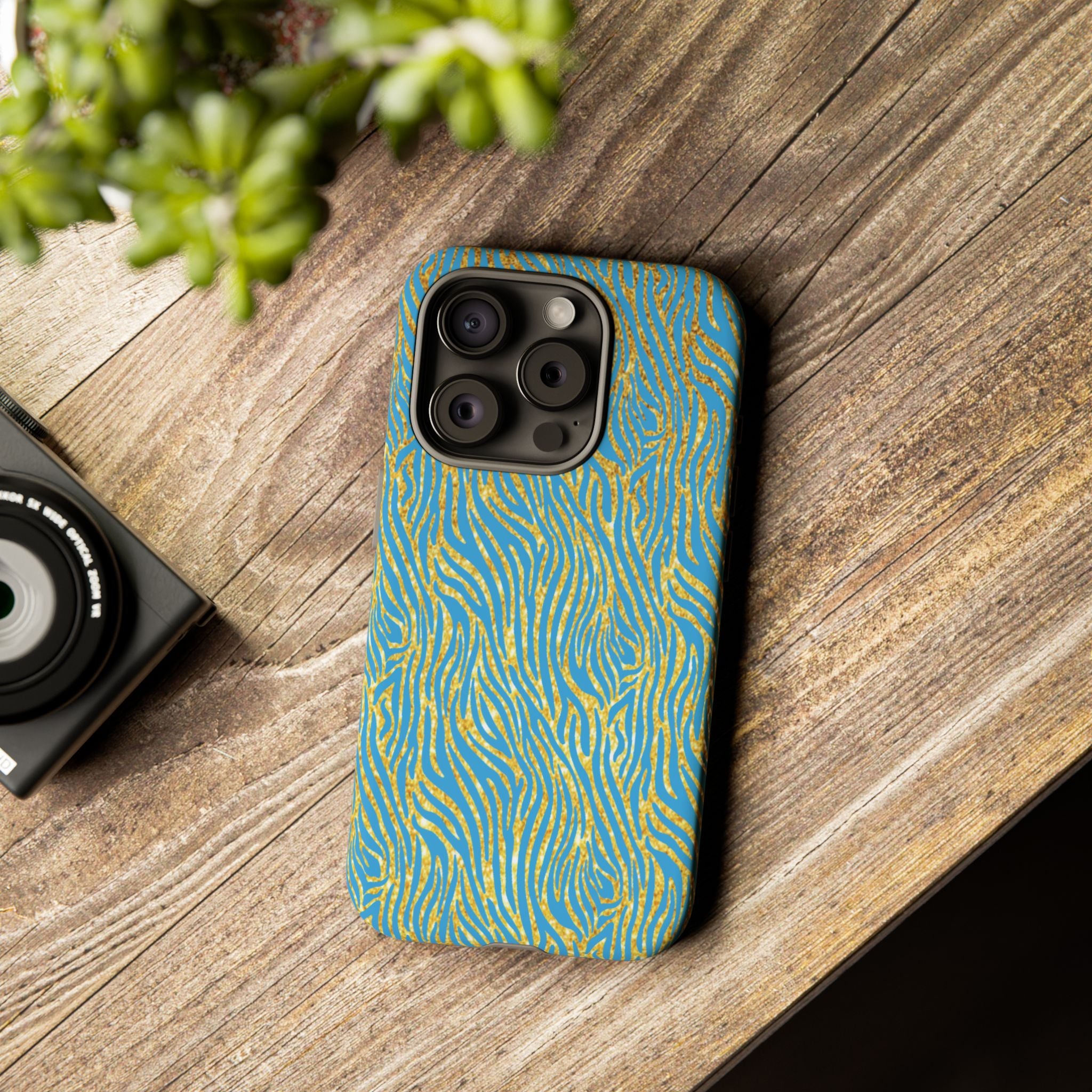 Blue Gold Zebra Tough Case for iPhone, Galaxy, or Google Pixel