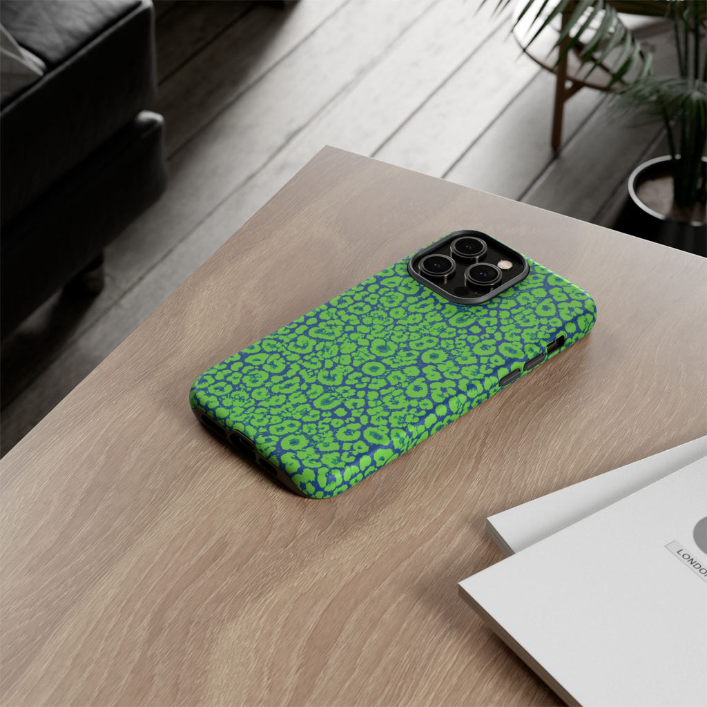 Blue Neon Green  Leopard Tough Phone Case for iPhone, Galaxy, or Google Pixel