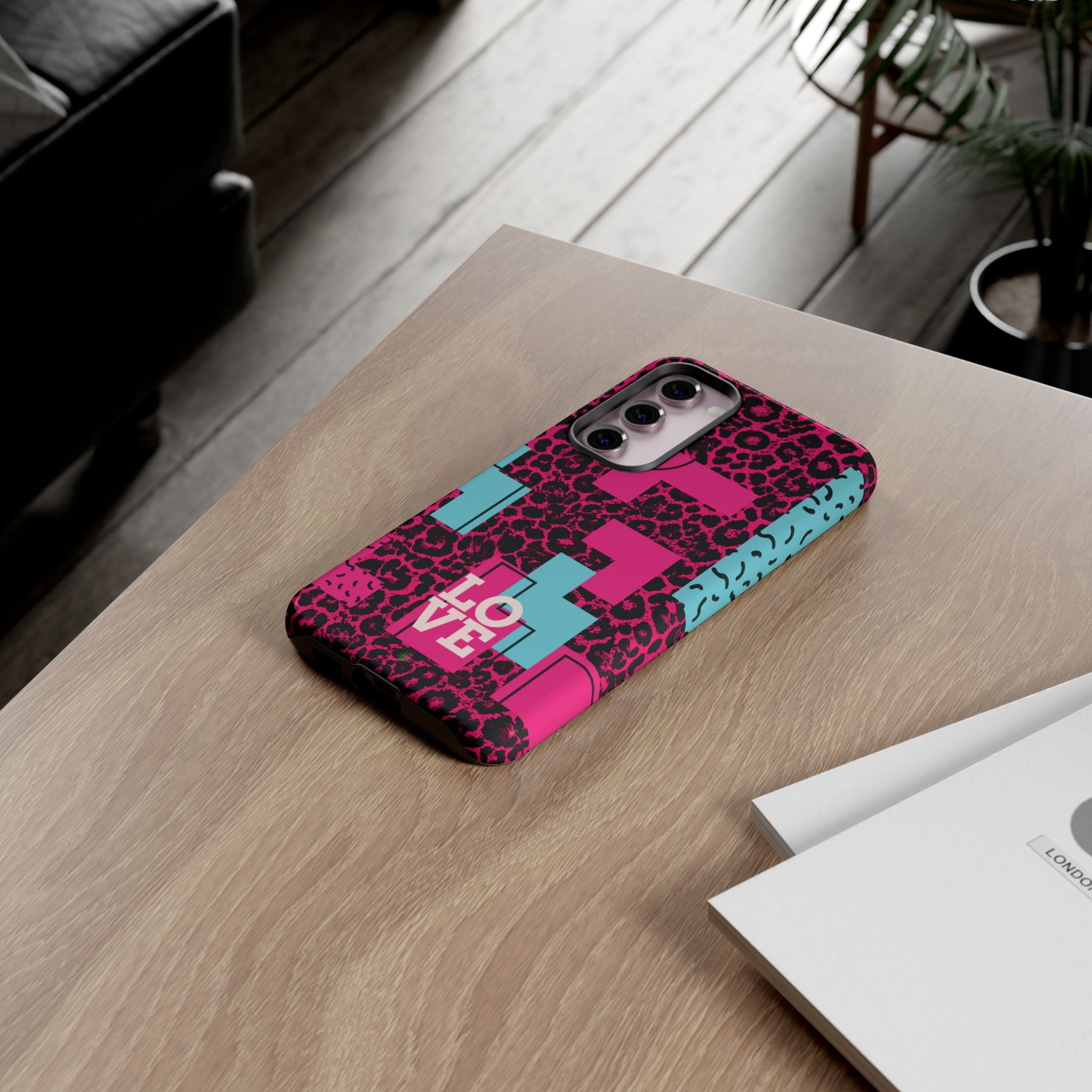 Pink Love Retro Blocks Leopard RG Tough Phone Case for iPhone, Galaxy, or Google Pixel