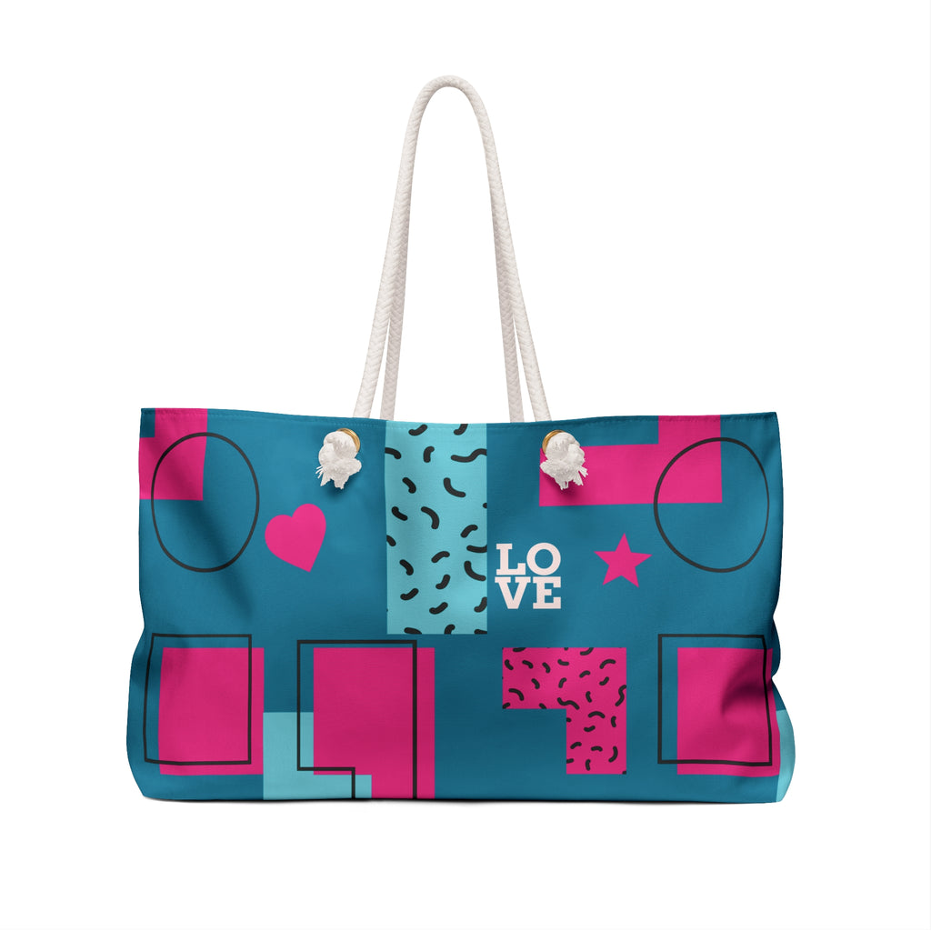 LOVE Retro Blocks Teal Eco-Friendly Weekender Bag, Travel Tote, Beach Bag