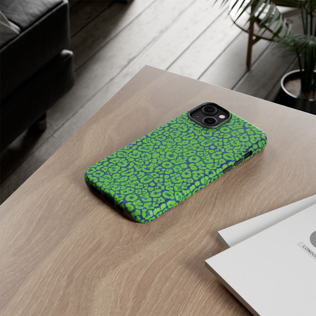 Blue Neon Green  Leopard Tough Phone Case for iPhone, Galaxy, or Google Pixel