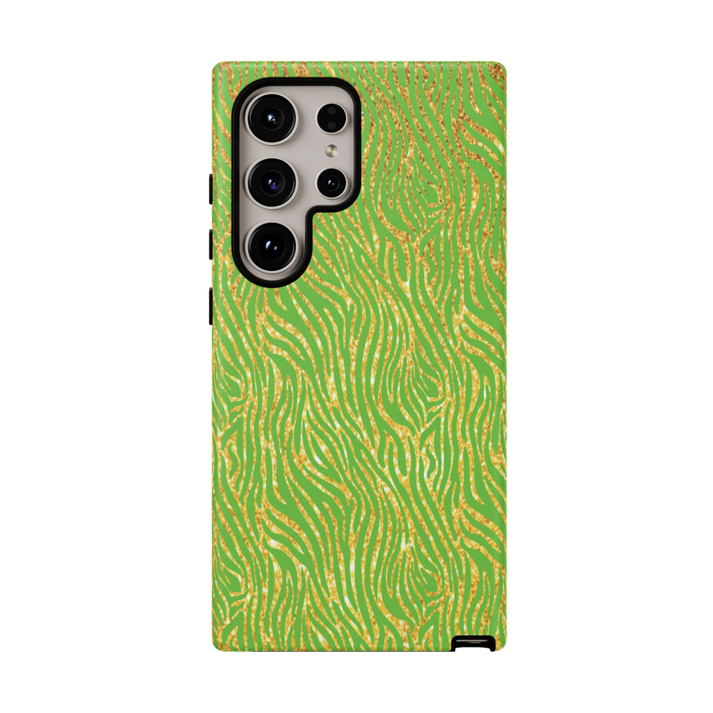 Neon Green Gold Zebra Tough Phone Case for iPhone, Galaxy, or Google Pixel