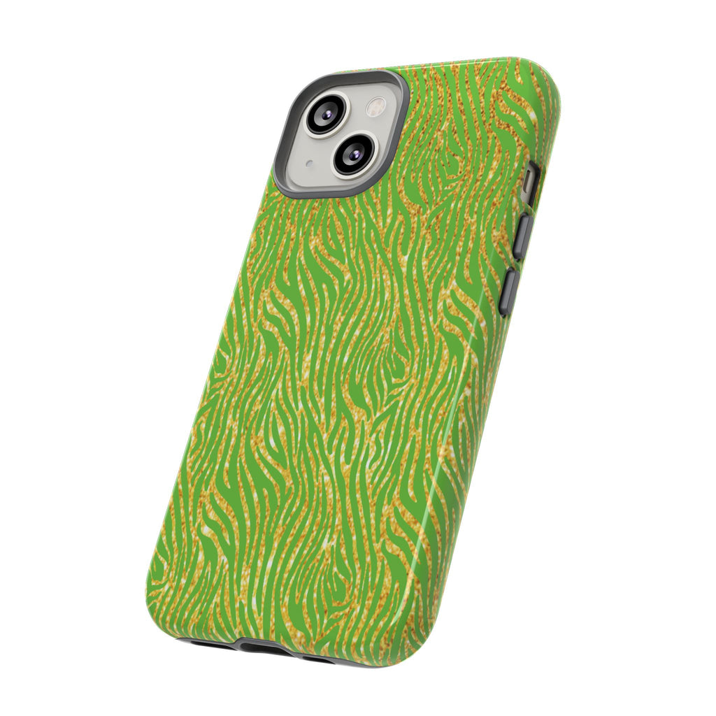 Neon Green Gold Zebra Tough Phone Case for iPhone, Galaxy, or Google Pixel