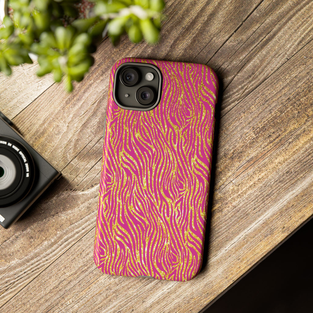 Pink Gold Zebra Print Tough Case for iPhone, Galaxy, or Google Pixel